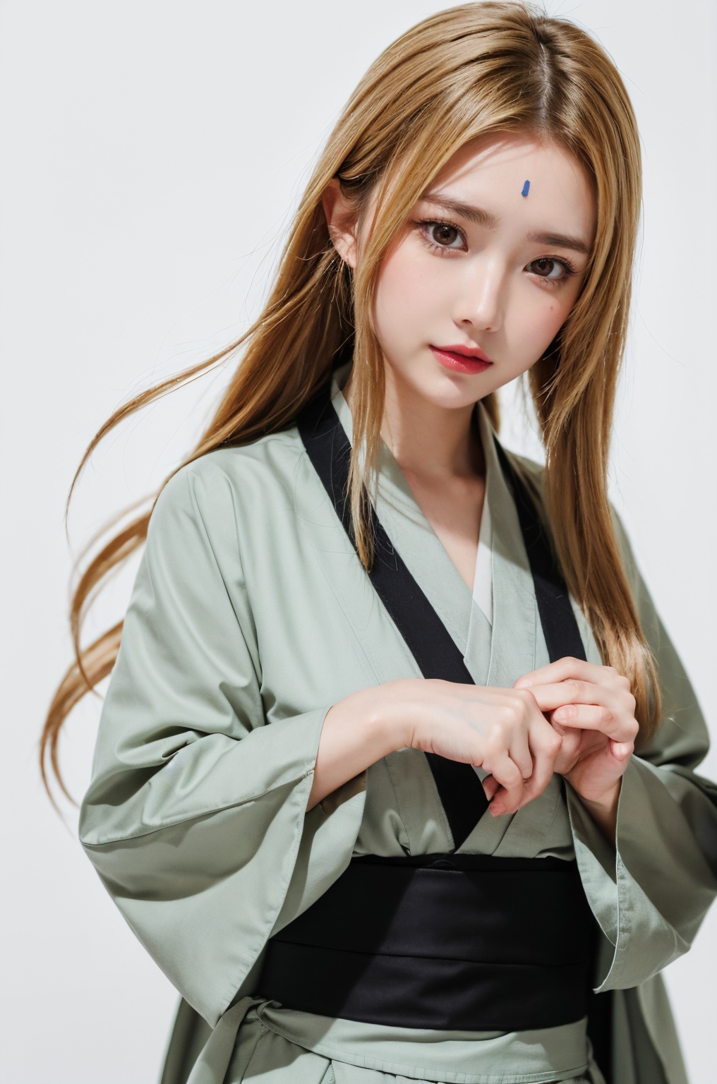 DSLR, (Good structure), HDR, UHD, 8K, A real person, Highly detailed, best quality, masterpiece, 1girl, realistic, Highly detailed, (EOS R8, 50mm, F1.2, 8K, RAW photo:1.2), ultra realistic 8k,
gangshou, 1girl, solo, tsunade \(naruto\), forehead mark, facial mark, blonde hair, japanese clothes, simple background, long hair, looking at viewer, white background, kimono, own hands together, long sleeves, sash, closed mouth, brown eyes, standing