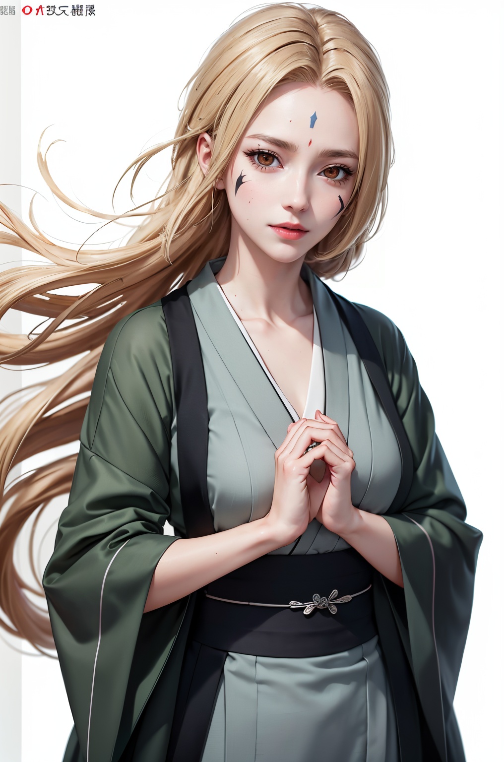 DSLR, (Good structure), HDR, UHD, 8K, A real person, Highly detailed, best quality, masterpiece, 1girl, realistic, Highly detailed, (EOS R8, 50mm, F1.2, 8K, RAW photo:1.2), ultra realistic 8k,
gangshou, 1girl, solo, tsunade \(naruto\), forehead mark, facial mark, blonde hair, japanese clothes, simple background, long hair, looking at viewer, white background, kimono, own hands together, long sleeves, sash, closed mouth, brown eyes, standing