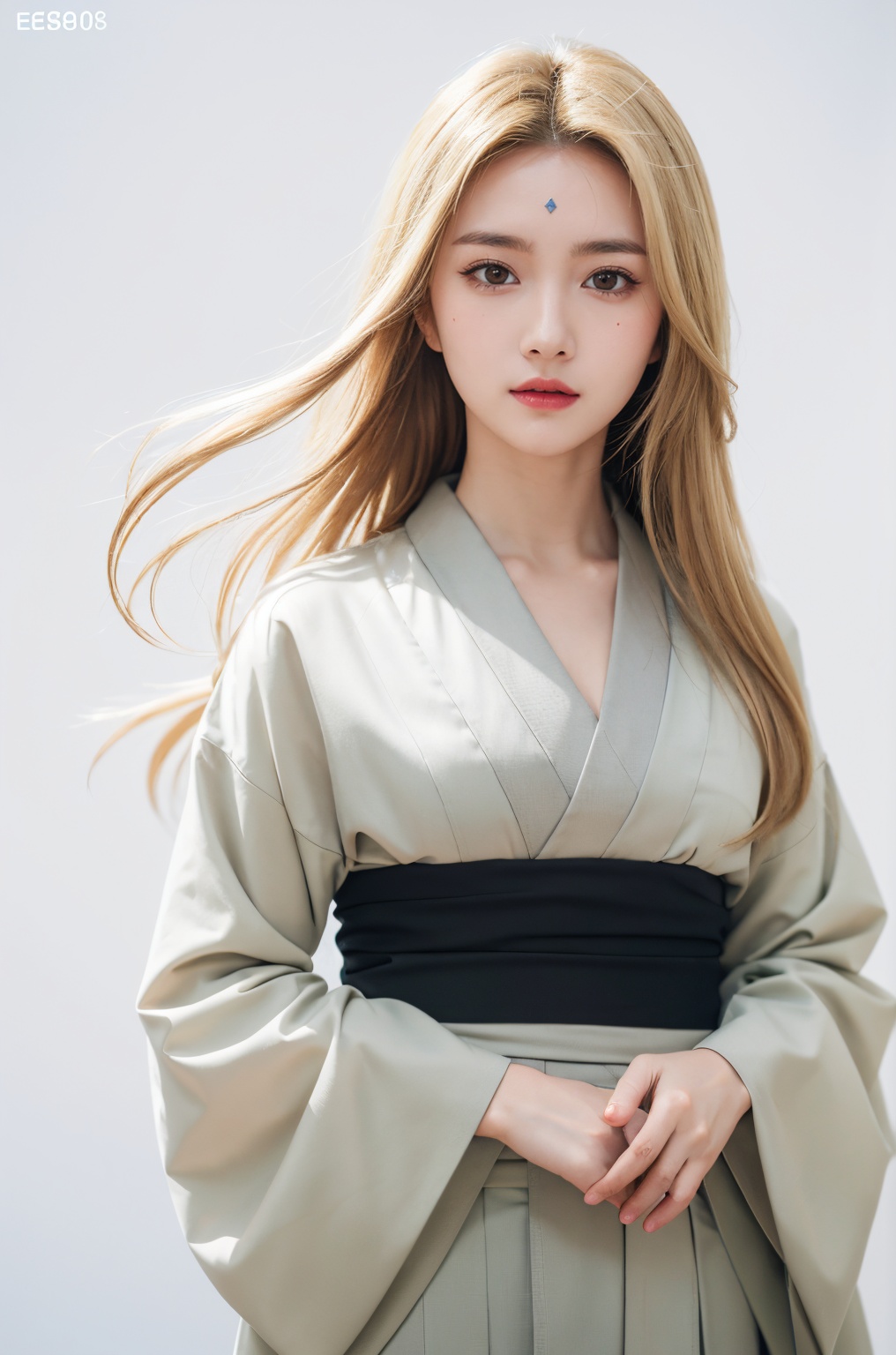 DSLR, (Good structure), HDR, UHD, 8K, A real person, Highly detailed, best quality, masterpiece, 1girl, realistic, Highly detailed, (EOS R8, 50mm, F1.2, 8K, RAW photo:1.2), ultra realistic 8k,
gangshou, 1girl, solo, tsunade \(naruto\), forehead mark, facial mark, blonde hair, japanese clothes, simple background, long hair, looking at viewer, white background, kimono, own hands together, long sleeves, sash, closed mouth, brown eyes, standing