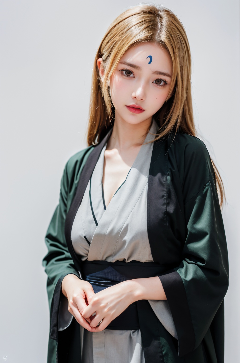 DSLR, (Good structure), HDR, UHD, 8K, A real person, Highly detailed, best quality, masterpiece, 1girl, realistic, Highly detailed, (EOS R8, 50mm, F1.2, 8K, RAW photo:1.2), ultra realistic 8k,
gangshou, 1girl, solo, tsunade \(naruto\), forehead mark, facial mark, blonde hair, japanese clothes, simple background, long hair, looking at viewer, white background, kimono, own hands together, long sleeves, sash, closed mouth, brown eyes, standing,breasts