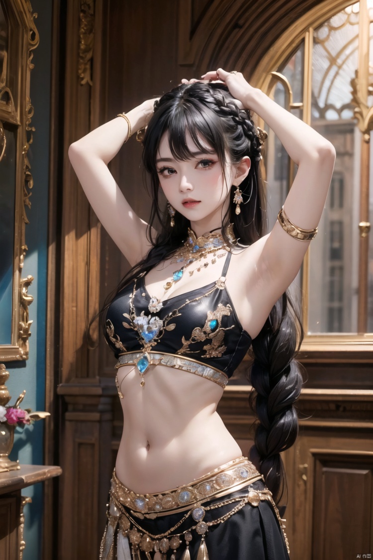  1girl, jewelry, navel, midriff, ring, braid, solo, gem, armpits, long_hair, black_hair