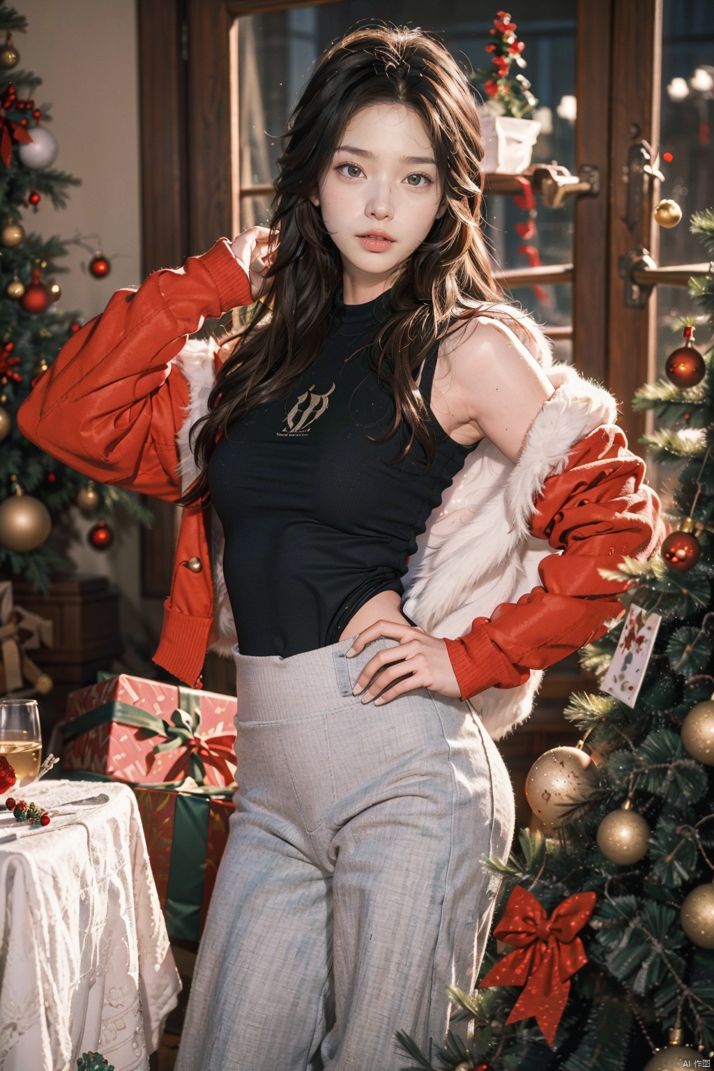  (Realistic, masterpiece), A fit and muscular girl is intensely exercising in a gym, wearing a bodysuit and sharkskin pants. Behind her is a beautifully decorated Christmas tree, with various fitness equipment nearby. High definition image of a trending workout girl in a gym, fashionable athleisure wear, festive christmas background, sports equipment, motivational, healthy lifestyle, fitness inspiration, popular on Instagram, Pinterest, by Dalia James, Nikki Wang, Erik Wahlstrom, trending on Behance, by Gregory Crewdson, by Alphonse Mucha., cyberpunk, 1girl, Fashion Style
