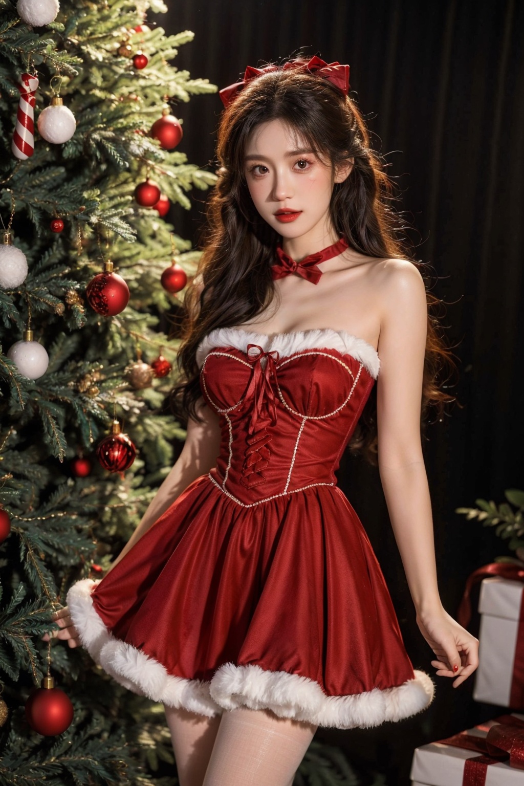  Ultra-realistic 8k CG,masterpiece,best quality,full body,glowing,santa dress,christmas,bare shoulders,red pantyhose,