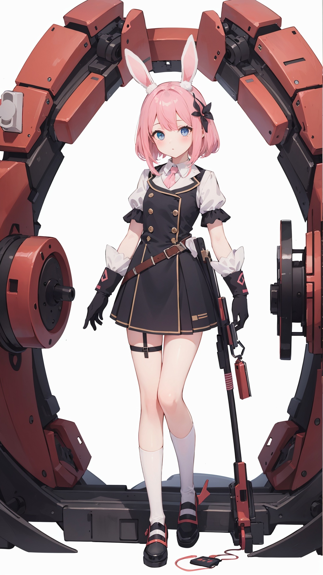 best quality, masterpiece, illustration, 1girl, solo, full body, Rabbit ear, White background, Mechanical, Mechanical body, Pink hair,