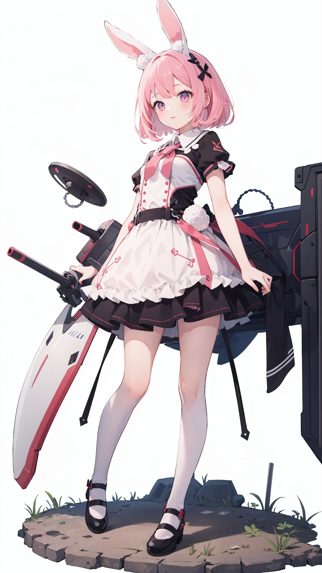 best quality, masterpiece, illustration, 1girl, solo, full body, Rabbit ear, White background, Mechanical, Mechanical body, Pink hair