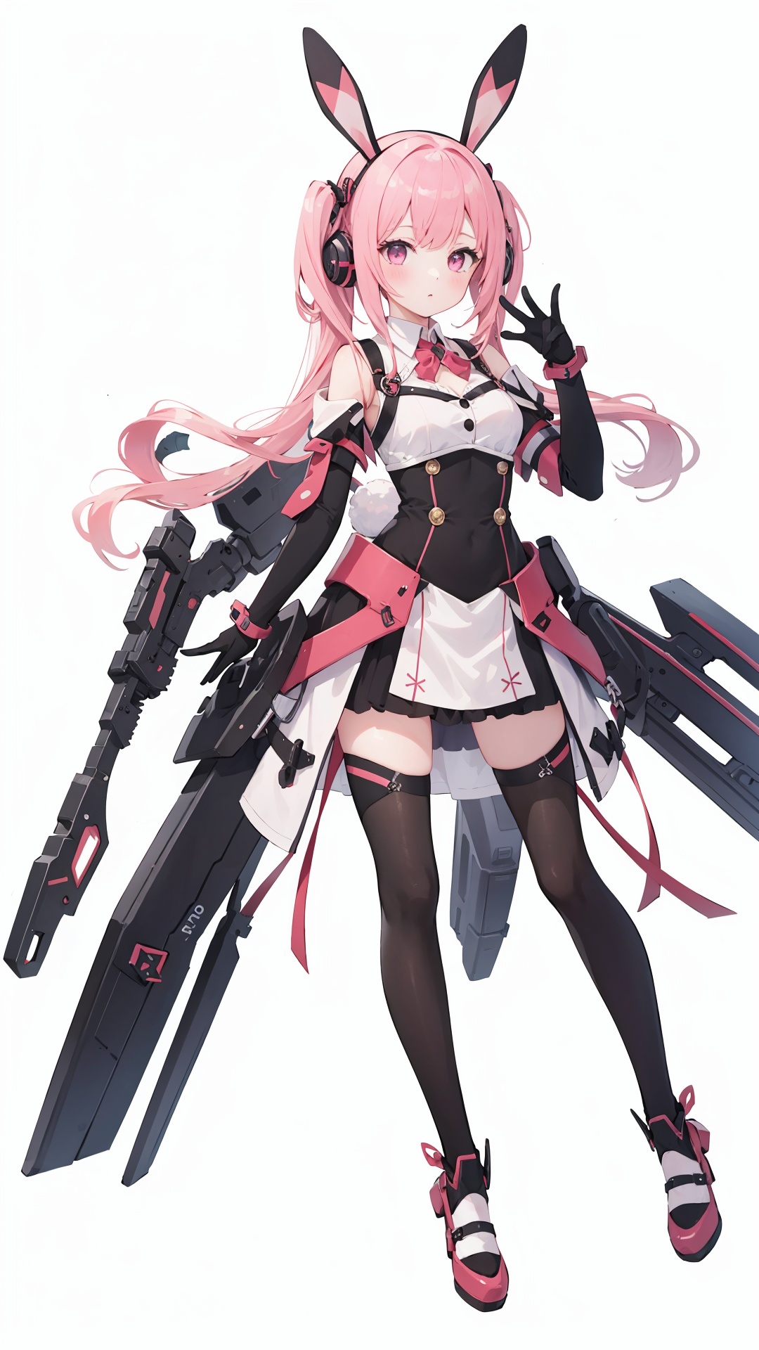 best quality, masterpiece, illustration, 1girl, solo, full body, Rabbit ear, White background, Mechanical, Mechanical body, Pink hair