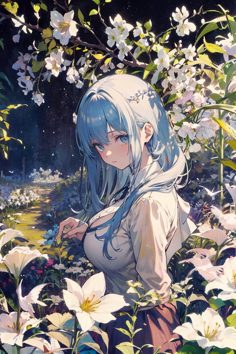  1girl, upper body,big_boobies, 
(official art, 8k wallpaper, ultra detailed, High quality, best quality),white flowers ,1girl,from above,bird's-eye_view,vintage filter,among flowers, backlight,limited_palette,white,field s of flowers
