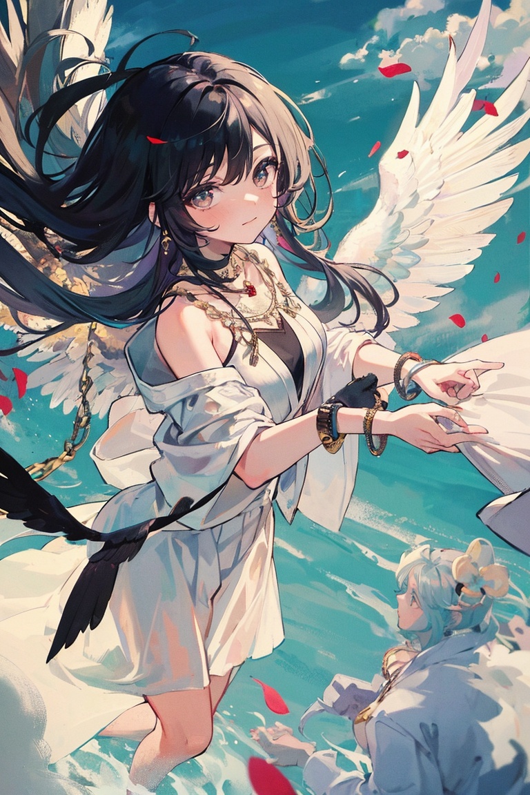  1girl, upper body,big_boobies, 
1girl,flower,wings,long hair,jewelry,full body,solo,black hair,feathered white wings,bracelet,cloud,feathers,necklace,petals,((white robe)),bare shoulders,flying,wings,bracelet,cloud,feathers,necklace,petals,((white robe)),bare shoulders,flying,