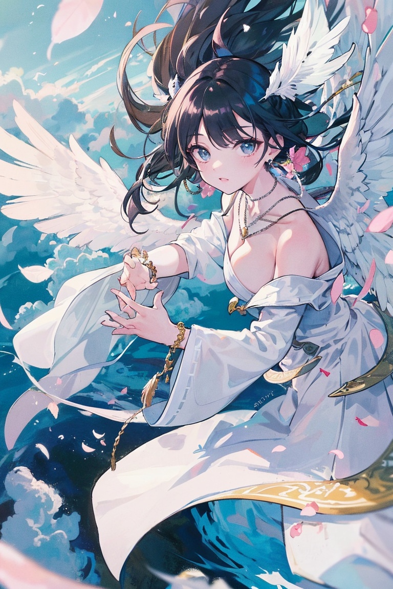  1girl, upper body,big_boobies, 
1girl,flower,wings,long hair,jewelry,full body,solo,black hair,feathered white wings,bracelet,cloud,feathers,necklace,petals,((white robe)),bare shoulders,flying,wings,bracelet,cloud,feathers,necklace,petals,((white robe)),bare shoulders,flying,