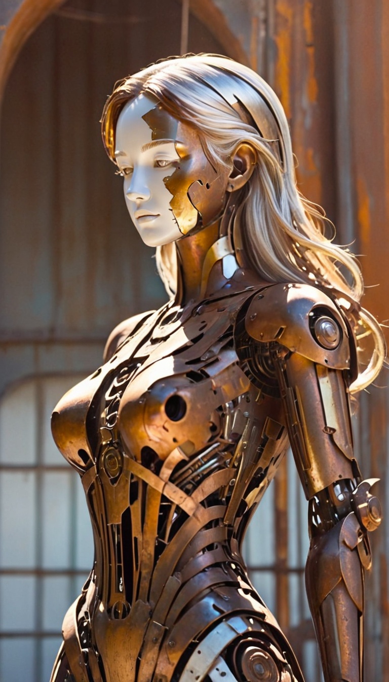 <lora:xl-shanbailing-1203metal element-000010:0.9>,bailing_metal,a girl made of worn-out metal,Create a hyper-realistic digital painting of the Venus de Milo reimagined as an advanced robot,exuding a dramatic and sorrowful aura. Her robotic form is crafted from high-quality metal with exceptionally detailed engravings and filigree,dimly-lit setting,fading light of a setting sun,casting a warm,golden hue over the landscape of discarded technology and rusted metal. This gentle sunlight contrasts with the harsh reality of the cyberpunk world,creating a poignant interplay of light and shadow. Her silhouette,outlined against the sun's dying embers,moves with a quiet dignity over the uneven terrain of forgotten relics. The sun's rays filter through the clutter,highlighting the intricate textures of the rusted metal that makes up her body and the serene humanity of her face. The image captures a moment of quiet introspection,a lone figure traversing a landscape of decay,illuminated by the hopeful glow of the setting sun. This scene is a cinematic portrayal of resilience and beauty in a world of technological abandonment,(white hair:1.15),