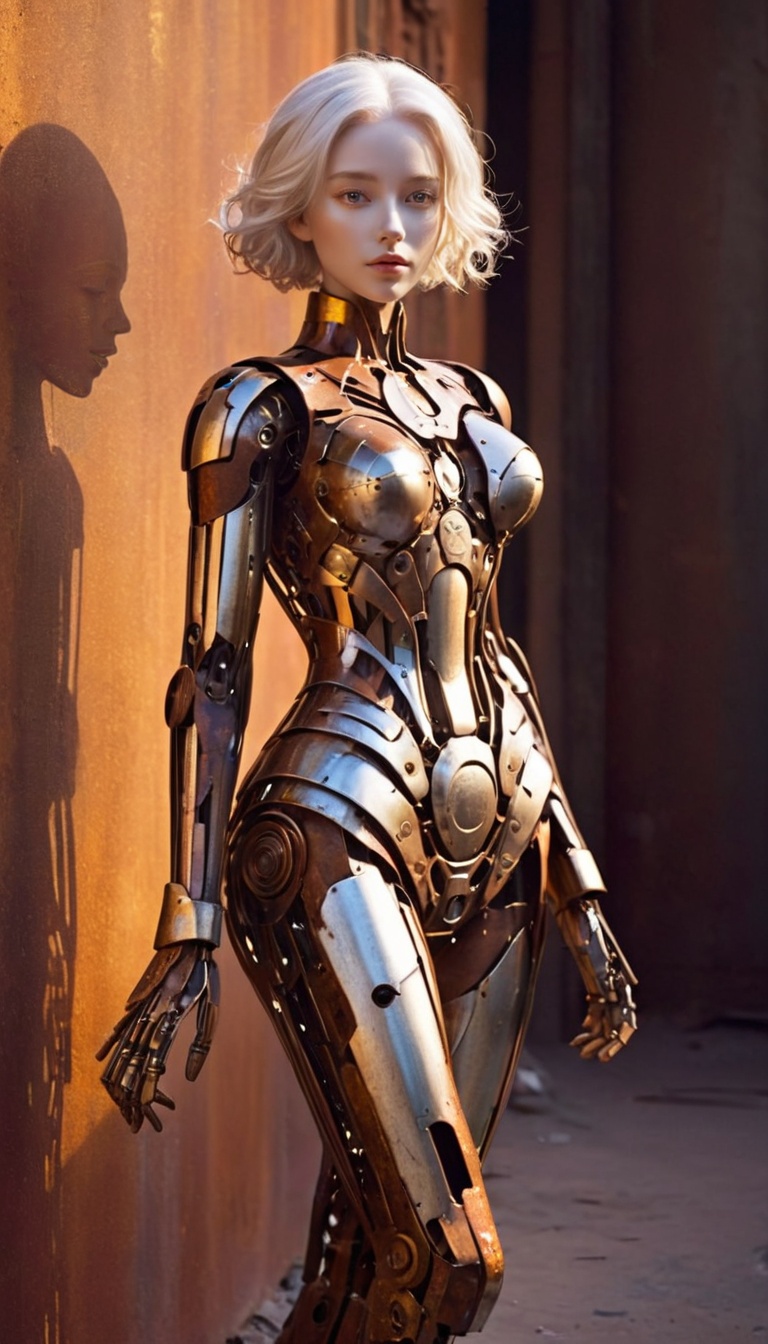 <lora:xl-shanbailing-1203metal element-000010:0.9>,bailing_metal,a girl made of worn-out metal,Create a hyper-realistic digital painting of the Venus de Milo reimagined as an advanced robot,exuding a dramatic and sorrowful aura. Her robotic form is crafted from high-quality metal with exceptionally detailed engravings and filigree,dimly-lit setting,fading light of a setting sun,casting a warm,golden hue over the landscape of discarded technology and rusted metal. This gentle sunlight contrasts with the harsh reality of the cyberpunk world,creating a poignant interplay of light and shadow. Her silhouette,outlined against the sun's dying embers,moves with a quiet dignity over the uneven terrain of forgotten relics. The sun's rays filter through the clutter,highlighting the intricate textures of the rusted metal that makes up her body and the serene humanity of her face. The image captures a moment of quiet introspection,a lone figure traversing a landscape of decay,illuminated by the hopeful glow of the setting sun. This scene is a cinematic portrayal of resilience and beauty in a world of technological abandonment,(white hair:1.15),