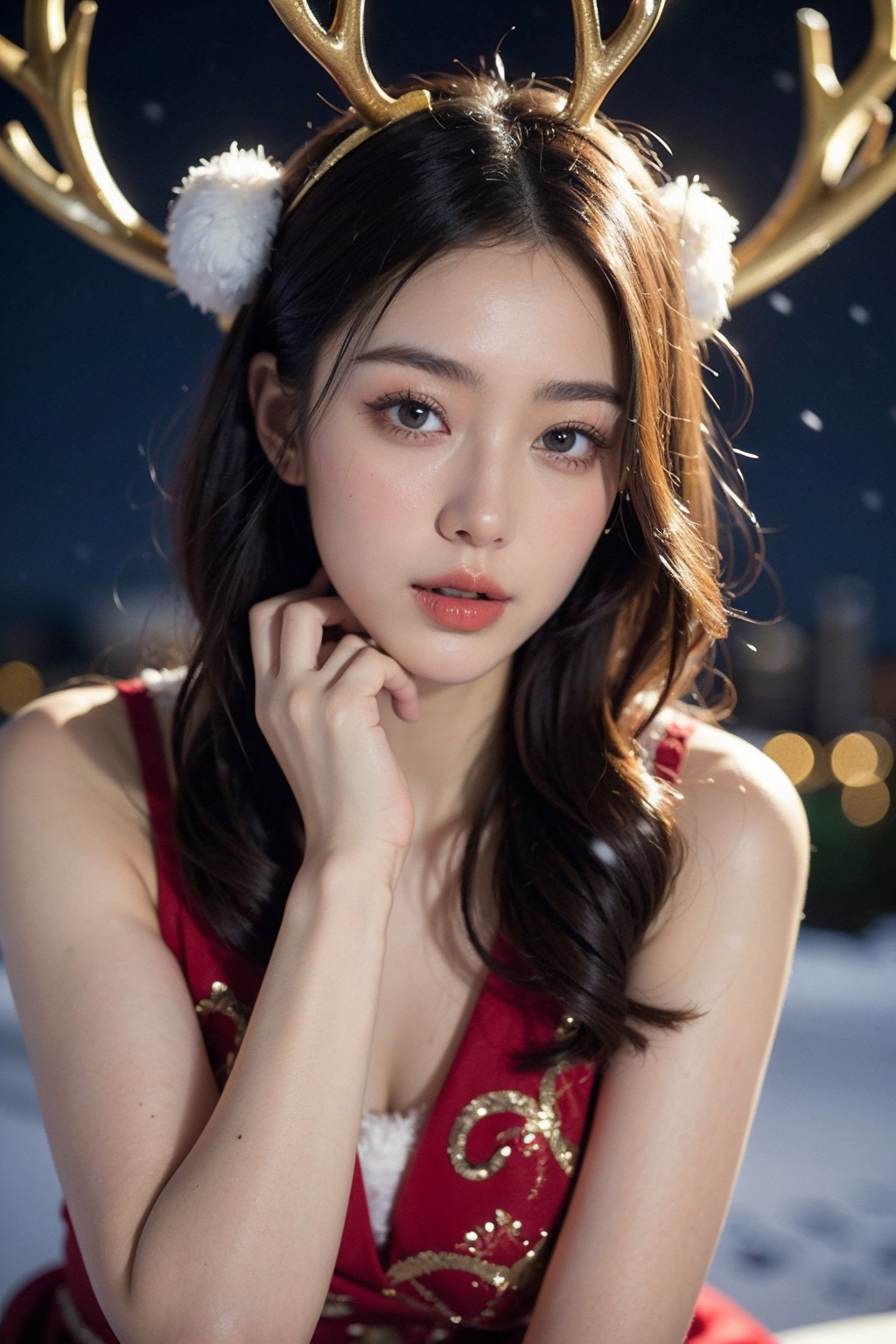 (best quality:1.5),(masterpiece:1.5),1girl,christmas clothes,antlers,close-up,exquisite eyes,night,cityscape,snowing,striped stockings,(an extremely delicate and beautiful),intricate detail,