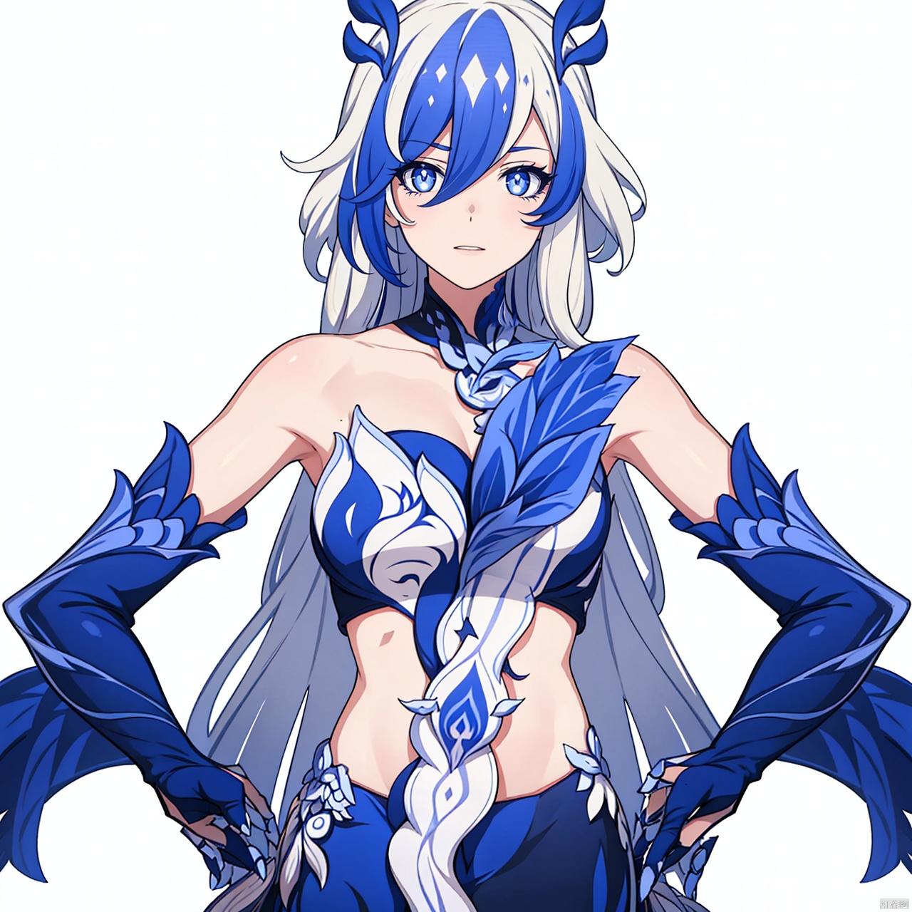  (masterpiece:1.3), (the best quality:1.2), (super fine illustrations:1.2), (Masterpiece), high quality, high detail, ((white background:1.2)), looking at viewer, (SOLO:1.4), outline, , simple background,bright pupils,pelvic curtain,blue fire,gauntlets,mechanical parts,white skin,phoenix,shorts,collarbone,jewelry,twintails,eyelashes,elbow gloves,armor,blue legwear,thighhighs,boots,facial mark,head wings,blue gloves,two-tone hair,earrings,gloves,tassel,leotard,skirt,dress,elbow gloves,twintails,bare shoulders,tattoo,phoenix,ribbon,blue ribbon,bangs,white hair,blue eyes,streaked hair,fu hua,blue hair,fiery hair,hair between eyes,multicolored hair,wings,jewelry,hair ornament,gloves,hair ribbon,pattern on hair,logo,white pupils,diamond shaped pupils, Anime