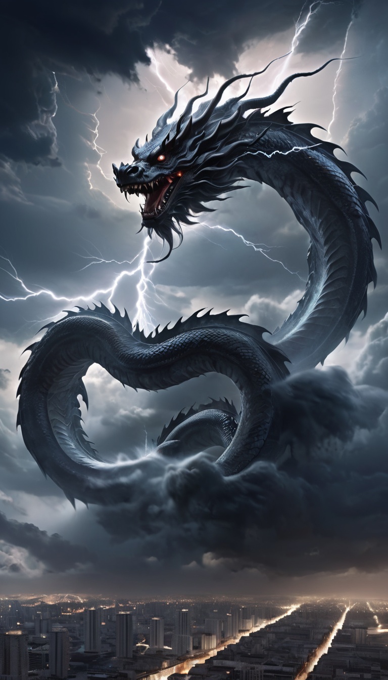 <lora:xl-shanbailing-1215白棱monster-000002:0.9>,bailing_monster,outdoors,(1girl:0.5),darkness,city,mitsu_masaya,huge,a huge monster passes through the clouds,cloudy,thunder,electricity,chinese black eastern dragon,warlord,DCG,epic scenes,special effects,huge waves,realistic photo,ultimate light and shadow,cast a spell,bailing_monster,