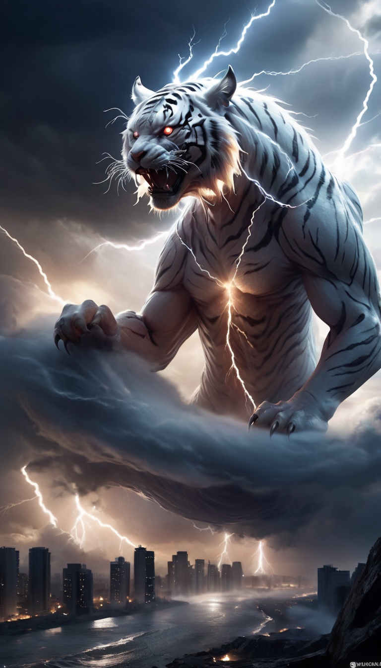 <lora:xl-shanbailing-1215白棱monster-000002:0.9>,bailing_monster,a huge monster passes through the clouds,outdoors,(1girl:0.5),darkness,city,mitsu_masaya,huge,cloudy,thunder,electricity,warlord,DCG,epic scenes,special effects,huge waves,realistic photo,ultimate light and shadow,cast a spell,bailing_monster,tiger,