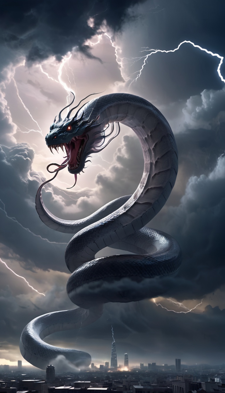 <lora:xl-shanbailing-1215白棱monster-000002:0.9>,bailing_monster,a huge monster passes through the clouds,outdoors,(1girl:0.5),darkness,city,mitsu_masaya,huge,cloudy,thunder,electricity,warlord,DCG,epic scenes,special effects,huge waves,realistic photo,ultimate light and shadow,cast a spell,snake,