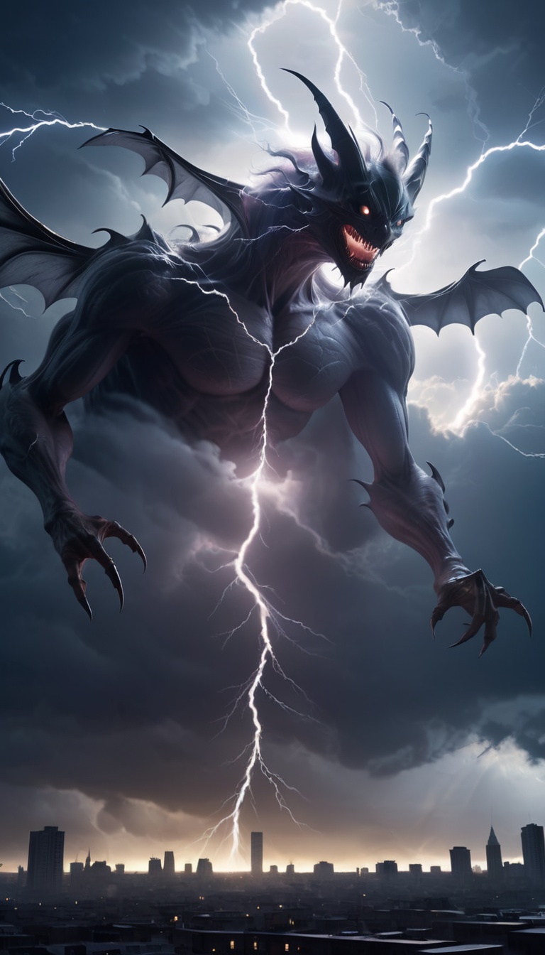 <lora:xl-shanbailing-1215白棱monster-000002:0.9>,bailing_monster,a huge monster passes through the clouds,(bat:1.2),outdoors,(1girl:0.5),darkness,city,mitsu_masaya,huge,cloudy,thunder,electricity,warlord,DCG,epic scenes,special effects,huge waves,realistic photo,ultimate light and shadow,cast a spell,