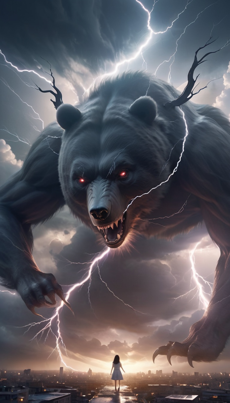 <lora:xl-shanbailing-1215白棱monster-000002:0.9>,bailing_monster,a huge monster passes through the clouds,outdoors,(1girl:0.5),darkness,city,mitsu_masaya,huge,cloudy,thunder,electricity,warlord,DCG,epic scenes,special effects,huge waves,realistic photo,ultimate light and shadow,cast a spell,(bear:1.1),