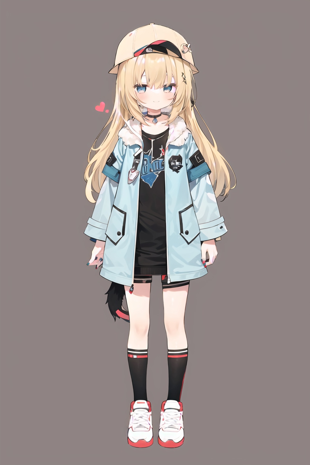 1girl, animal_ears, baseball_cap, black_legwear, blonde_hair, blue_eyes, choker, closed_mouth, collar, dog_tail, full_body, hand_in_pocket, hat, hat_with_ears, hood, hoodie, jacket, long_hair, long_sleeves, looking_at_viewer, nail_polish, open_clothes, open_jacket, red_footwear, red_nails, shoes, simple_background, smile, sneakers, socks, solo, standing, tail, virtual_youtuber, white_background , chibi
