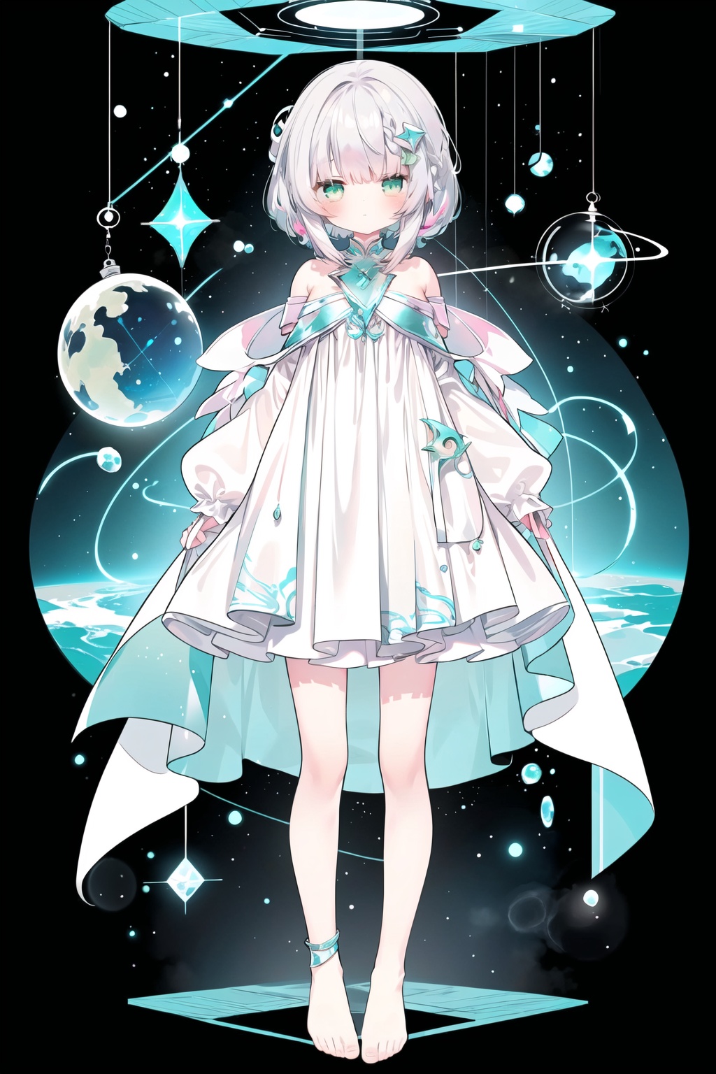 ((green, silver, glimmer,pink)), limited palette, contrast, phenomenal aesthetic, best quality, sumptuous artwork, (masterpiece), (best quality), (ultra-detailed), (((illustration))), ((an extremely delicate and beautiful)), (detailed light), 1girl, cold theme, broken glass, broken wall, ((an array of stars)), ((starry sky)), the Milky Way, star, Reflecting the starry water surface, (1girl:1.3)aqua theme, white hair, blinking, white dress, closed mouth, constel lation, flat color, noline art, full Glass sphere, girl inside glass sphere, white hair, braid, blinking, white robe, bust \(sculpture\), barefoot, float, closed mouth, constel lation, flat color, holding, holding wand, looking up, standing, male focus, medium hair, standing, solo, space, universe, utaite(singer), Nebula, many stars,fanxing,sparkling dress, WuLight, backlight, houtufeng, sky
