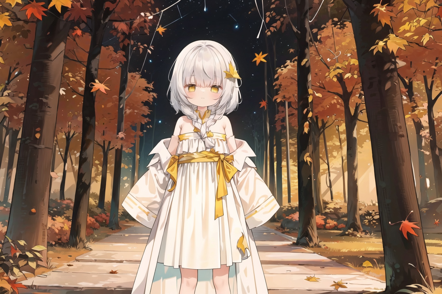  wallpaper,colorful,Tyndall effect,(autumn maple forest:1.3),(very few fallen leaves),(path),stars,flower sea,starry sky,flowers meadows,Dreamy forest,strong rim light, 1girl, bare shoulders, white hair, blinking, white dress, closed mouth, constel lation, yellow eyes, flat color, braid, blinking, white robe, float, closed mouth, constel lation, flat color, looking up, standing, medium hair, standing, solo, , 4349
