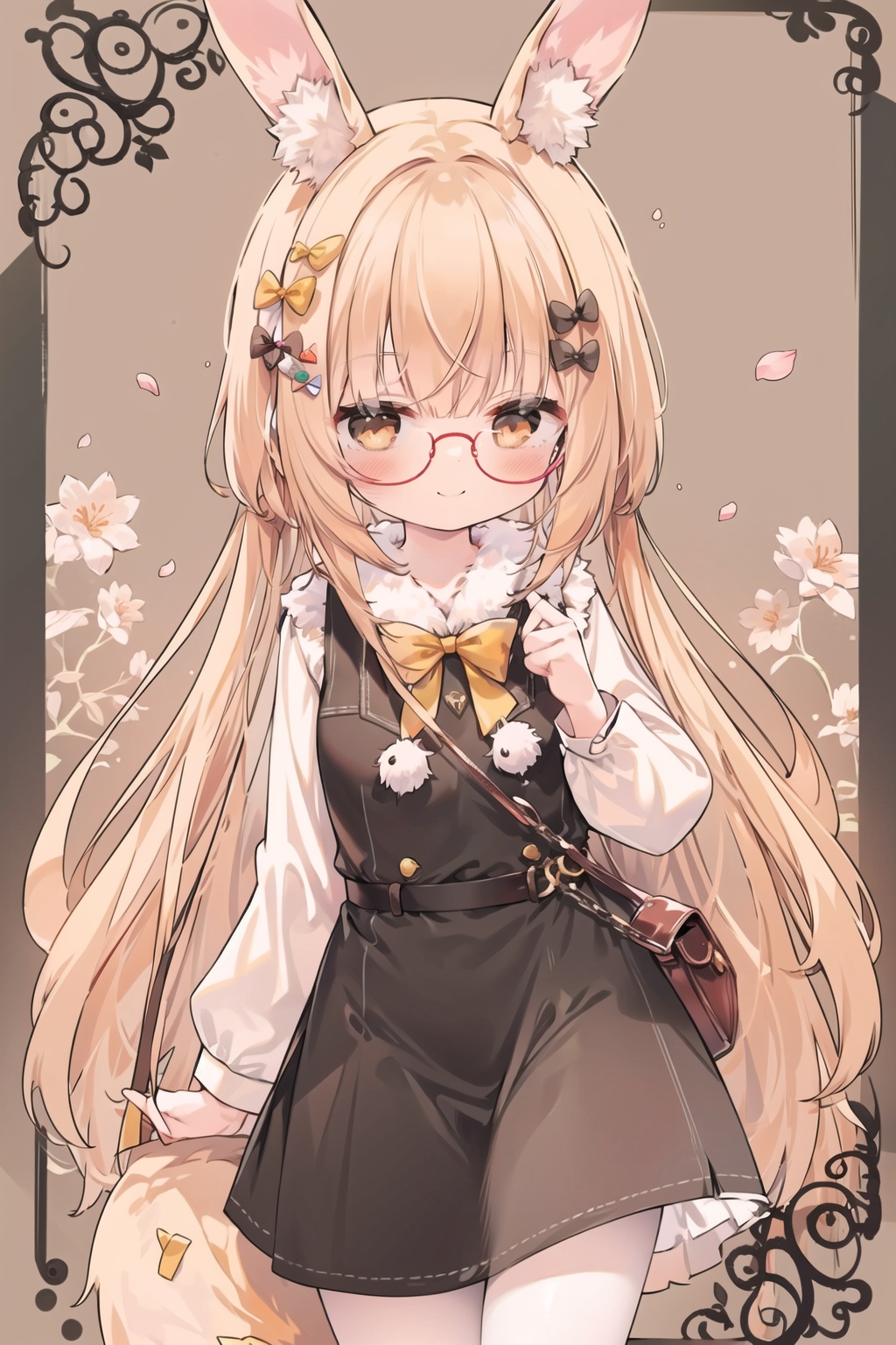 1girl, animal_ears, black-framed_eyewear, bow, brown_background, fake_animal_ears, glasses, long_hair, looking_at_viewer, open_mouth, orange_hair, rabbit_ears, rabbit_tail, sakura_futaba, smile, solo, tail
