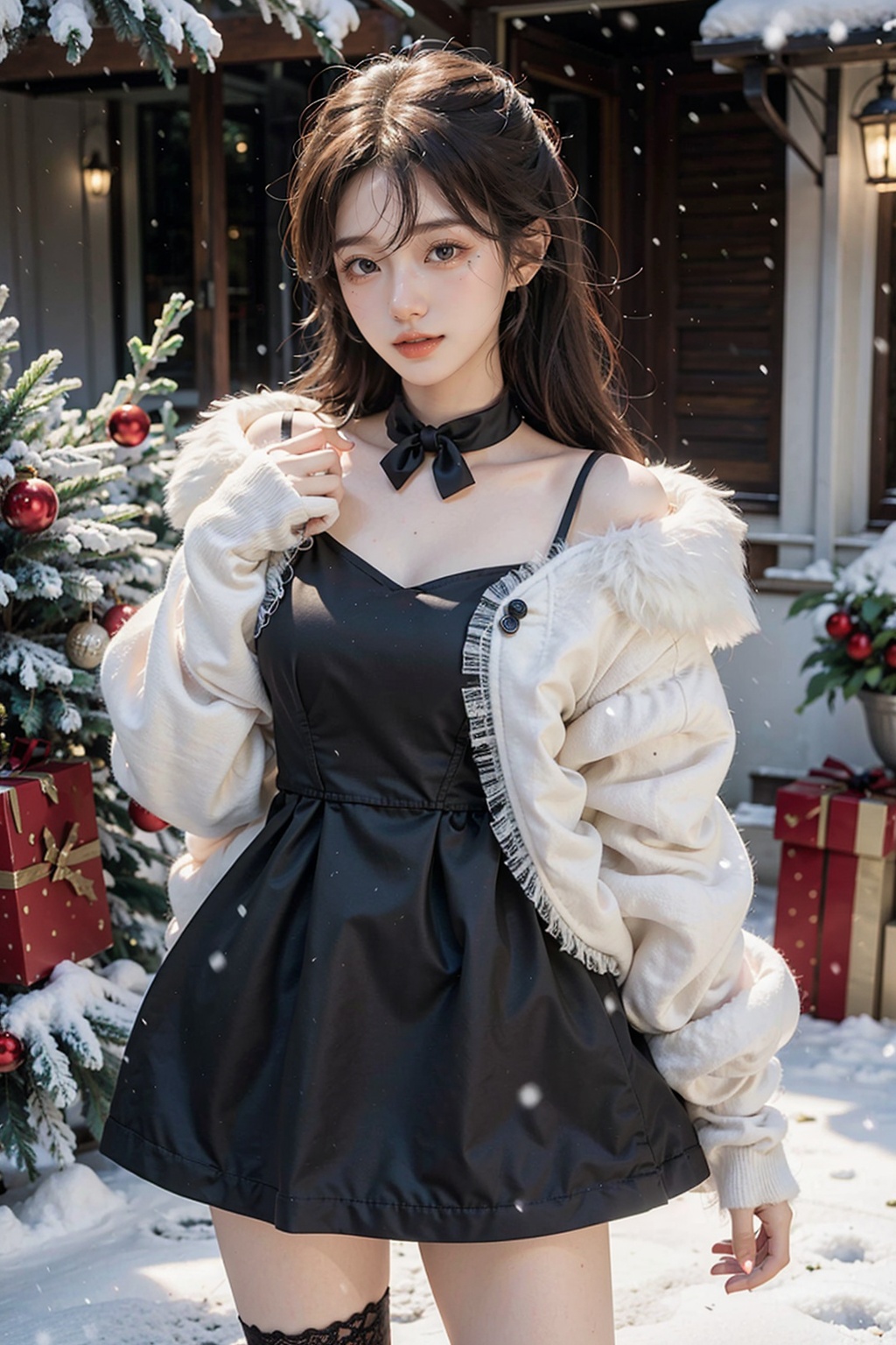 1girl, HUBG_Christmas_dress, snowing, 