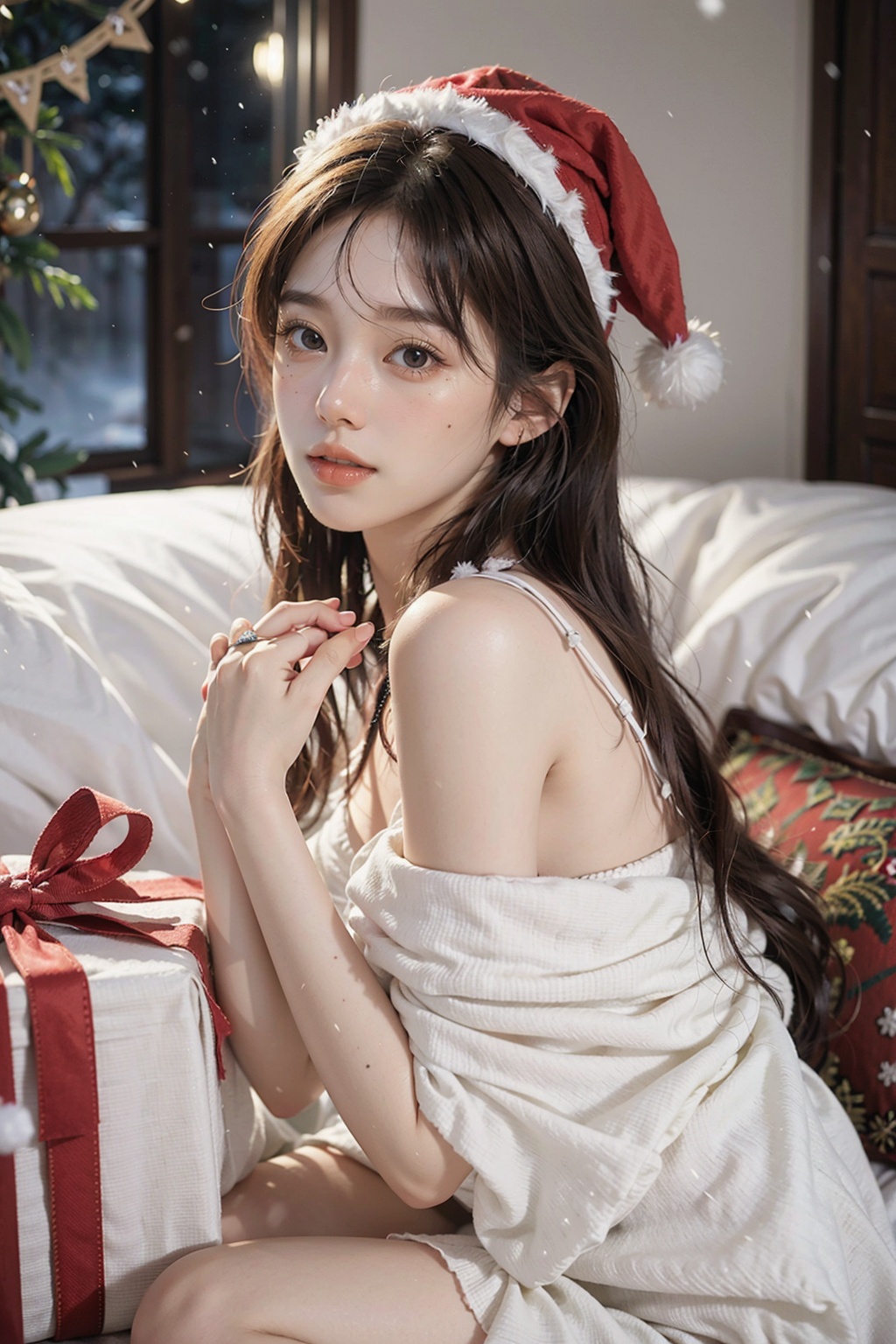 1girl, HUBG_Christmas_dress, snow