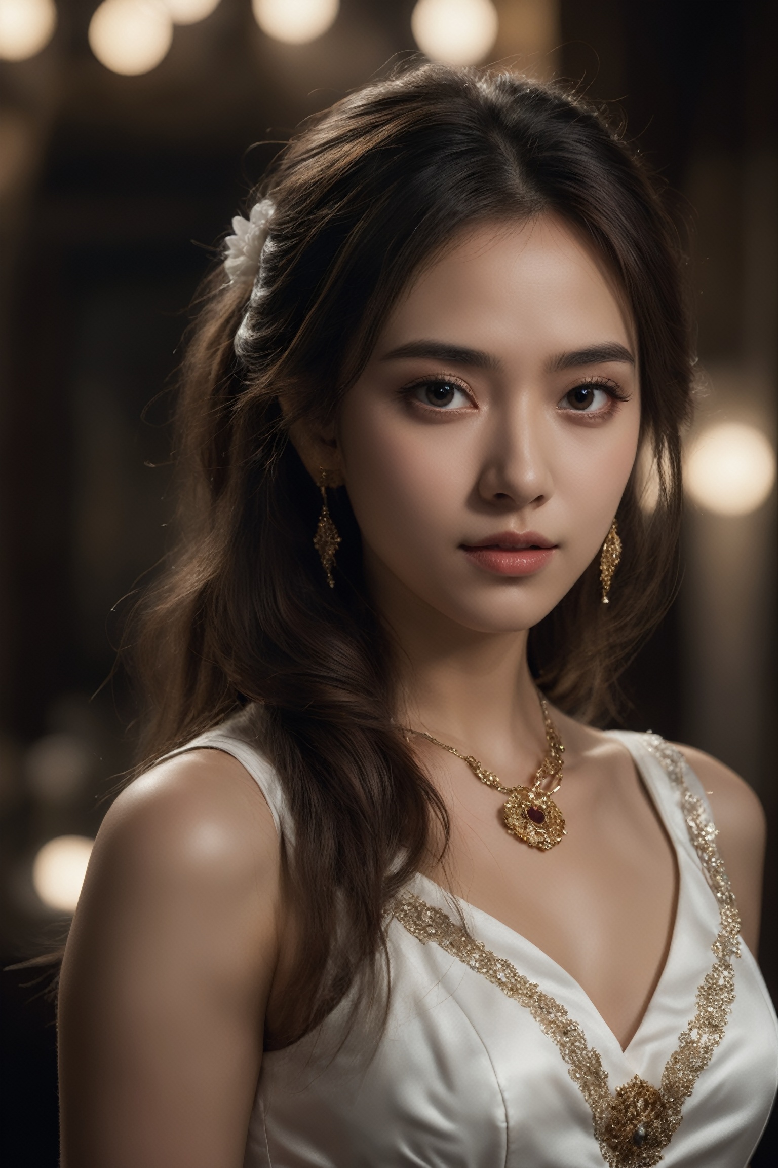  photographic of a girl, brown eyes, cleavage, hair ornament, jewelry, lips, long hair, makeup, upper_body, white chinese dress, earrings, facial mark, ultra realistic, movie light effect, . BREAK, 35mm photograph, grainy, professional, 8k, highly detailed, Hasselblad XCD 80mm F/1.9,hell,FilmGirl,1girl, light master, Face Score