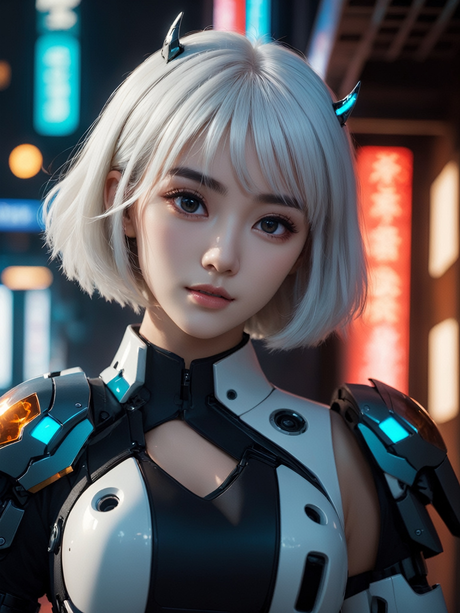  photographic of a girl, solo, white short hair, bangs, glowing, animification, glowing eyes, glitch, Gorgeous face with details, long eyebrows. Big and cute eyes. Cinematic lights hands_in_pockets, cinematic lighting, strong contrast, wuxia, holding weapon, dragon, machinery, Mecha, CGArt Mayfly. BREAK, 35mm photograph, grainy, professional, 8k, highly detailed, Hasselbald 50mm lens f/1.9,[by ethan for CGArt Mayfly model], Face Score