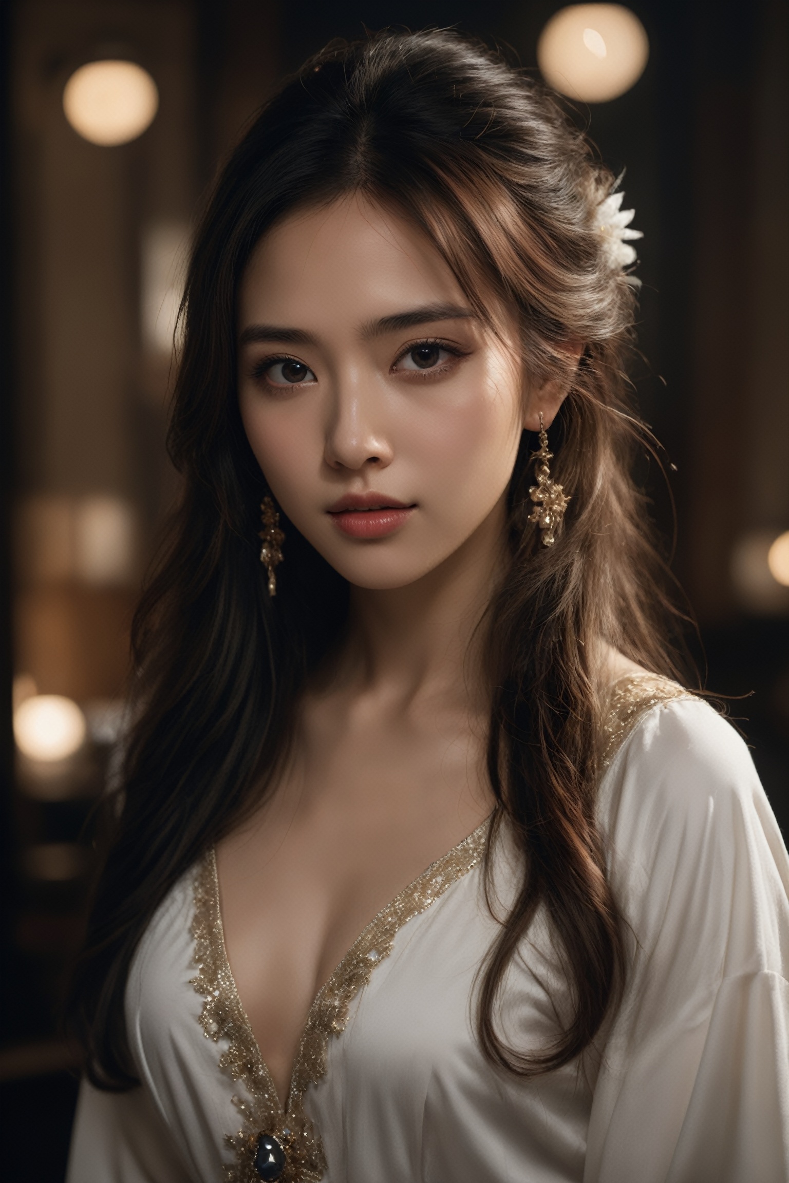  photographic of a girl, brown eyes, cleavage, hair ornament, jewelry, lips, long hair, makeup, upper_body, white chinese dress, earrings, facial mark, ultra realistic, movie light effect, . BREAK, 35mm photograph, grainy, professional, 8k, highly detailed, Hasselblad XCD 80mm F/1.9,hell,FilmGirl,1girl, light master, Face Score