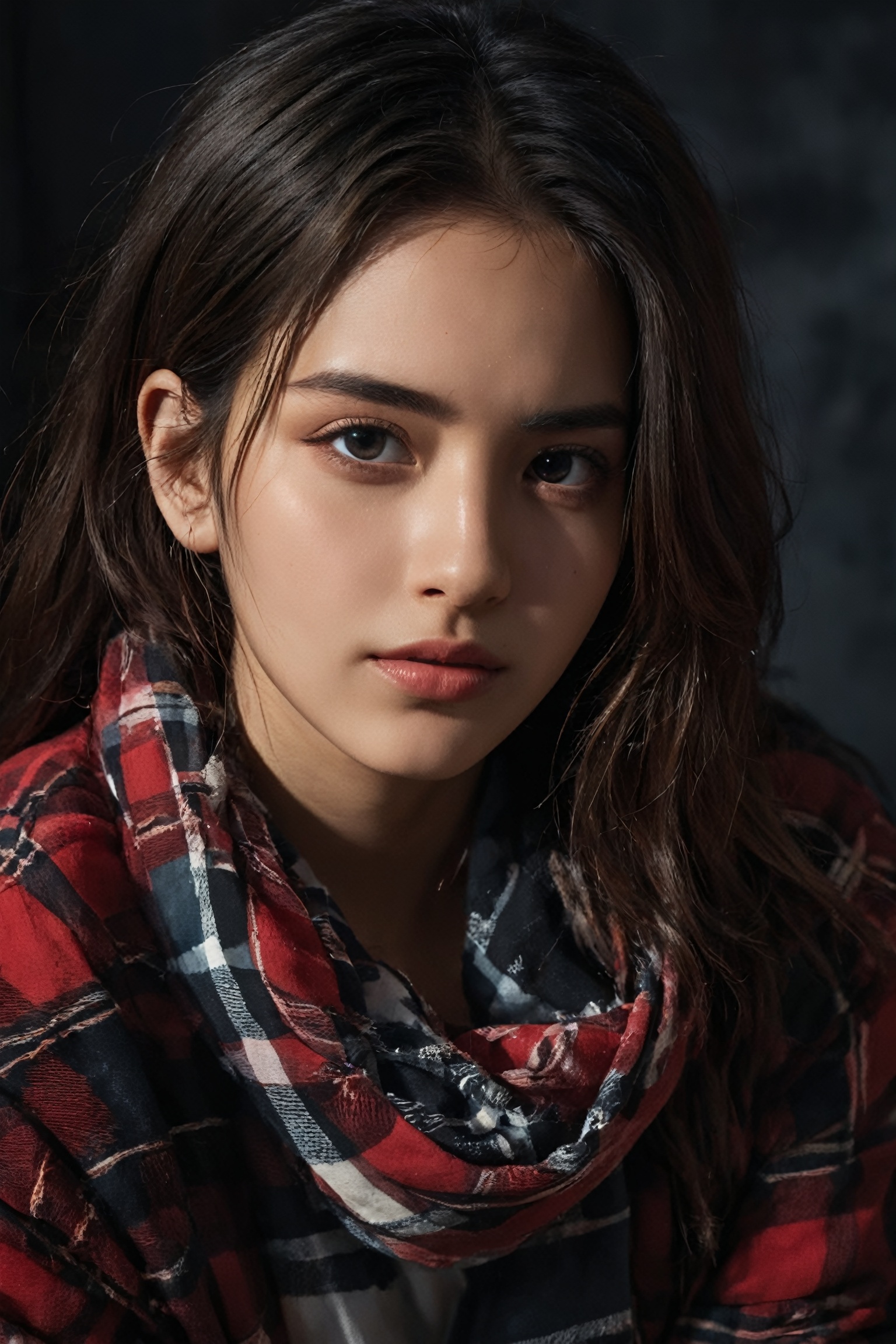  photographic of a girl, 20 years old, clear facial contour, upper body, looking at viewer, grunge style, flannel shirts, ripped jeans, oversized sweaters, combat boots, bandanas, layered clothing. Beautiful dynamic dramatic dark moody lighting, volumetric, shadows, BREAK, 35mm photograph, grainy, professional, 8k, highly detailed, Hasselbald 50mm lens f/1.9,[by ethan for CGArt Mayfly model], Face Score