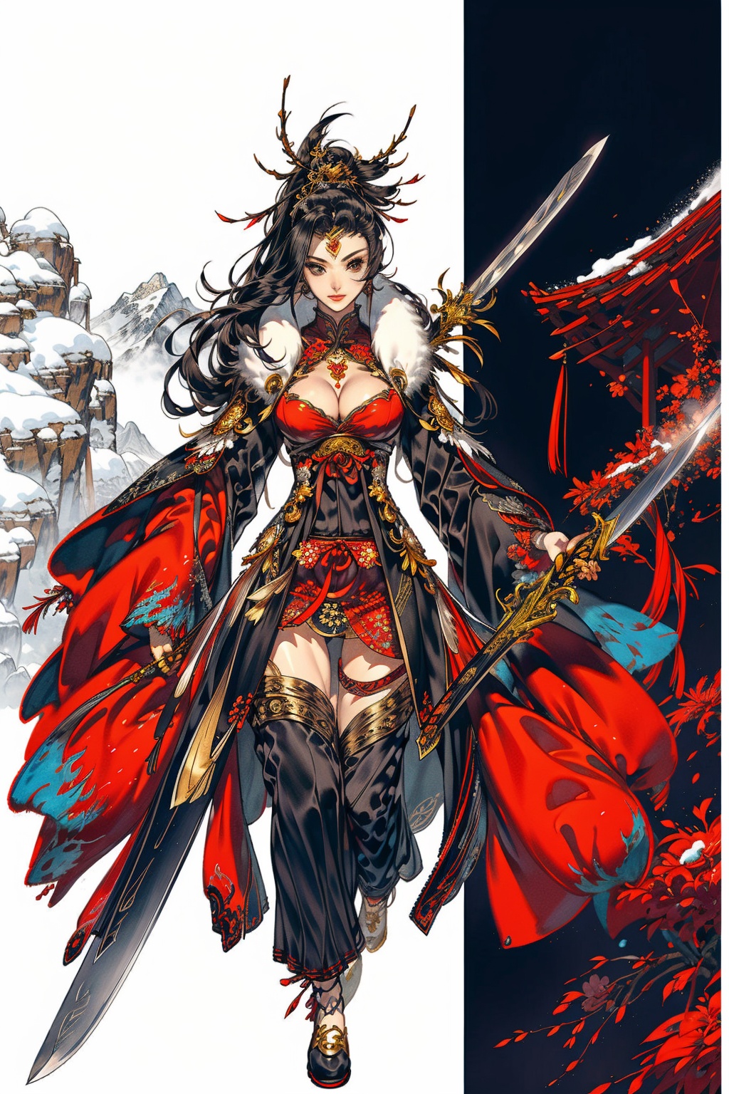 Dancing swords on snowy mountains,  heavy snow,  ancient style by getphat on Tensor.Art