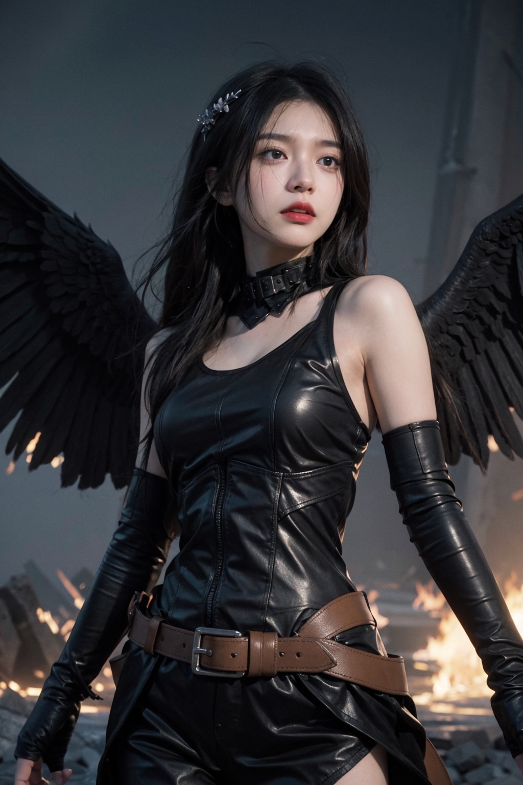 best quality,masterpiece,illustration,an extremely delicate and beautiful,extremely detailed,CG,unity,8k wallpaper,Amazing,finely detail,masterpiece,best quality,official art,extremely detailed CG unity 8k wallpaper,1 girl,fallen angel,demon,black wings,ruins,battle scene,scattered weapons,very_long_hair,angry expression,furious,irritated,annoyed,