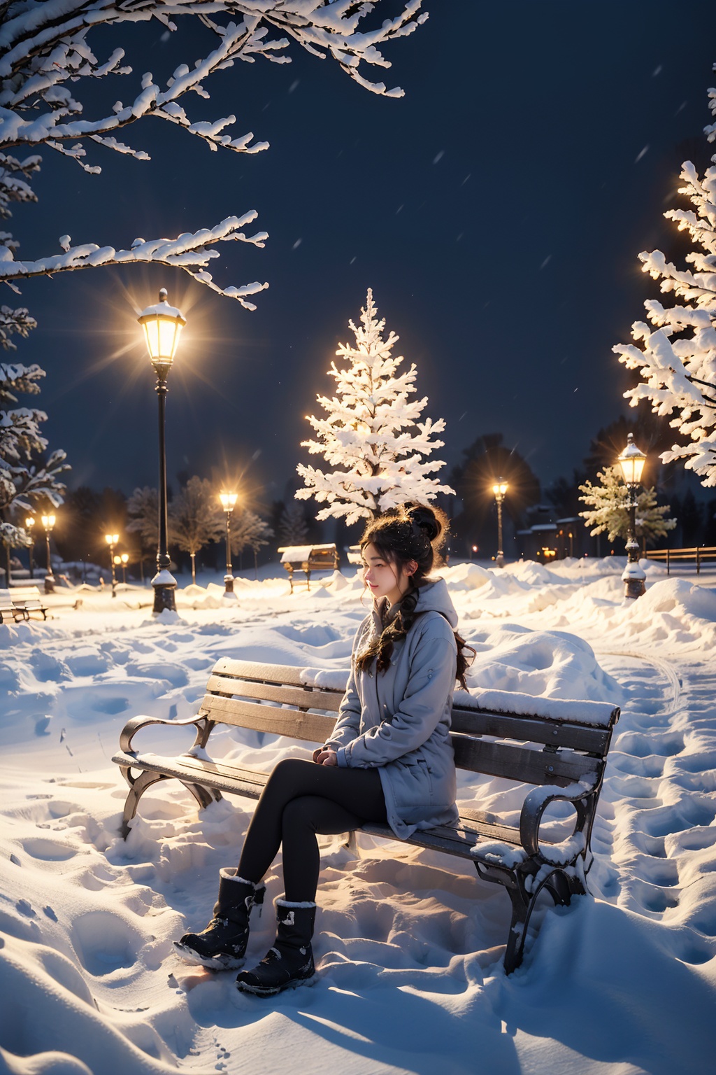  Best quality, 8k, cg, 1girl,snow park with benches and street lights at night, a girl sitting on a bench, winter park background, beautiful winter area, winter nights, snow nights, snowfall at night, winter settings, perfect lighting in blizzards, winter atmosphere, winter in snow, snow in Christmas Eve, snow in winter, atmospheric cold light, February), winter wonderland, beautiful snow landscape, cold but beautiful, beautiful wallpaper, Wang Yushan