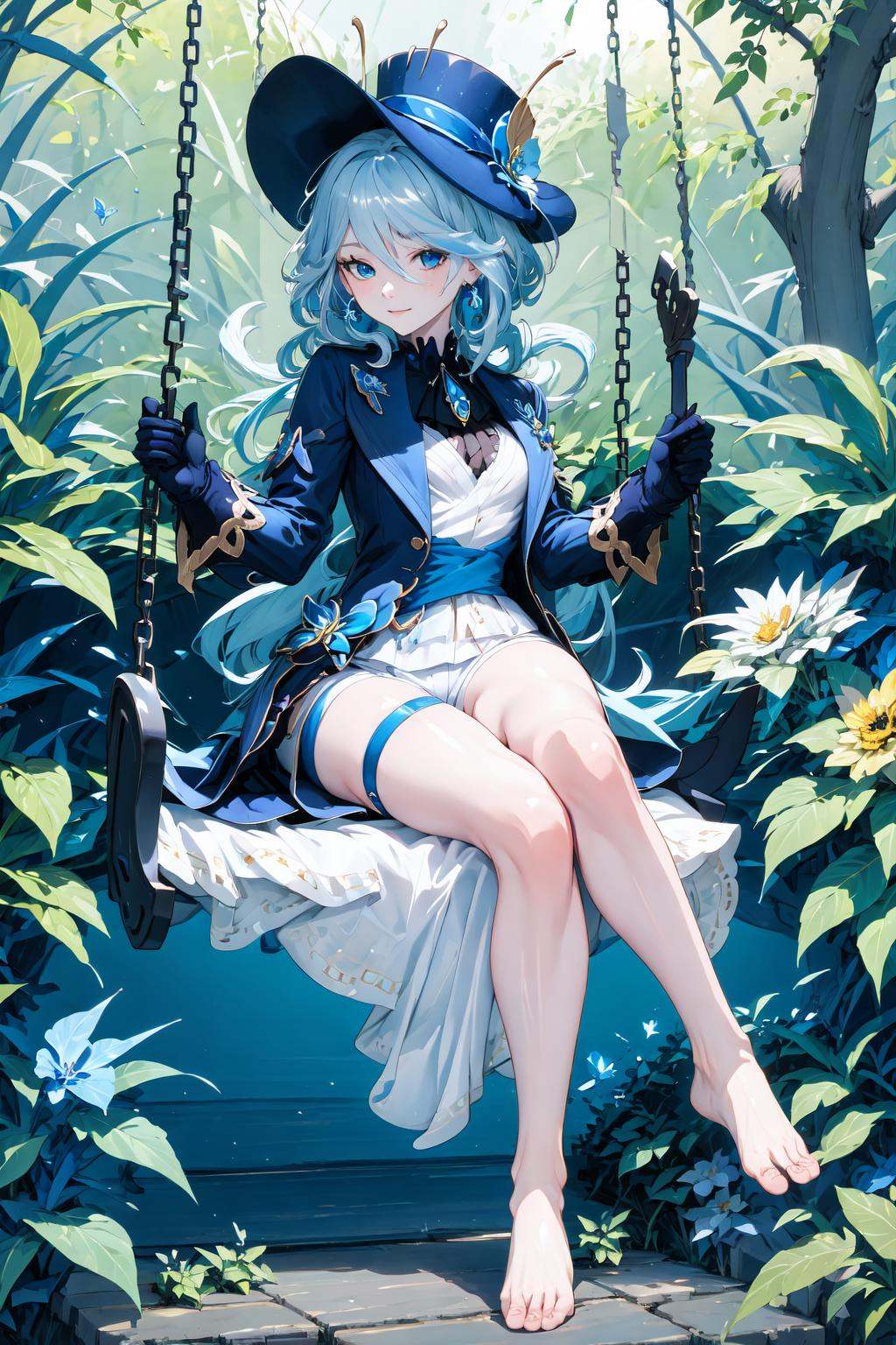 (masterpiece:1.2), best quality,PIXIV,Focalors, 1girl, barefoot, feet, crossed legs, soles, swing, gloves, toes, thigh strap, solo, long hair, sitting, blue flower, hat, ahoge, flower, long sleeves, legs, chain, white gloves, looking at viewer, bare legs, jacket, full body, very long hair, blue jacket, butterfly, bug, thighs, bangs, jewelry, earrings, blue headwear, shorts, closed mouth, hat flower, blue rose, outdoors, holding, foot focus<lora:Focalors_20230831151016:1>,