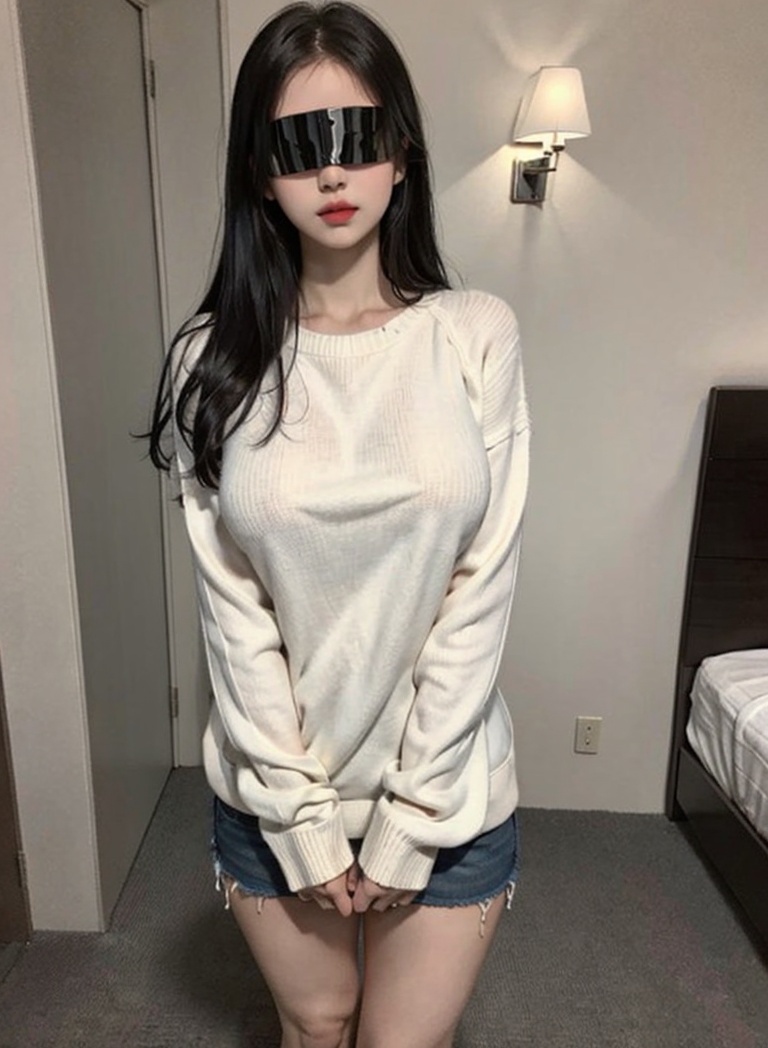 (masterpiece, best quality:1.4),finely detailed,1girl,solo,pale skin,perfect body,standing,<lora:赛博科技眼罩-000008:0.6>,blindfold,indoor,hotel,room,(large breasts:1.2),(white sweater),