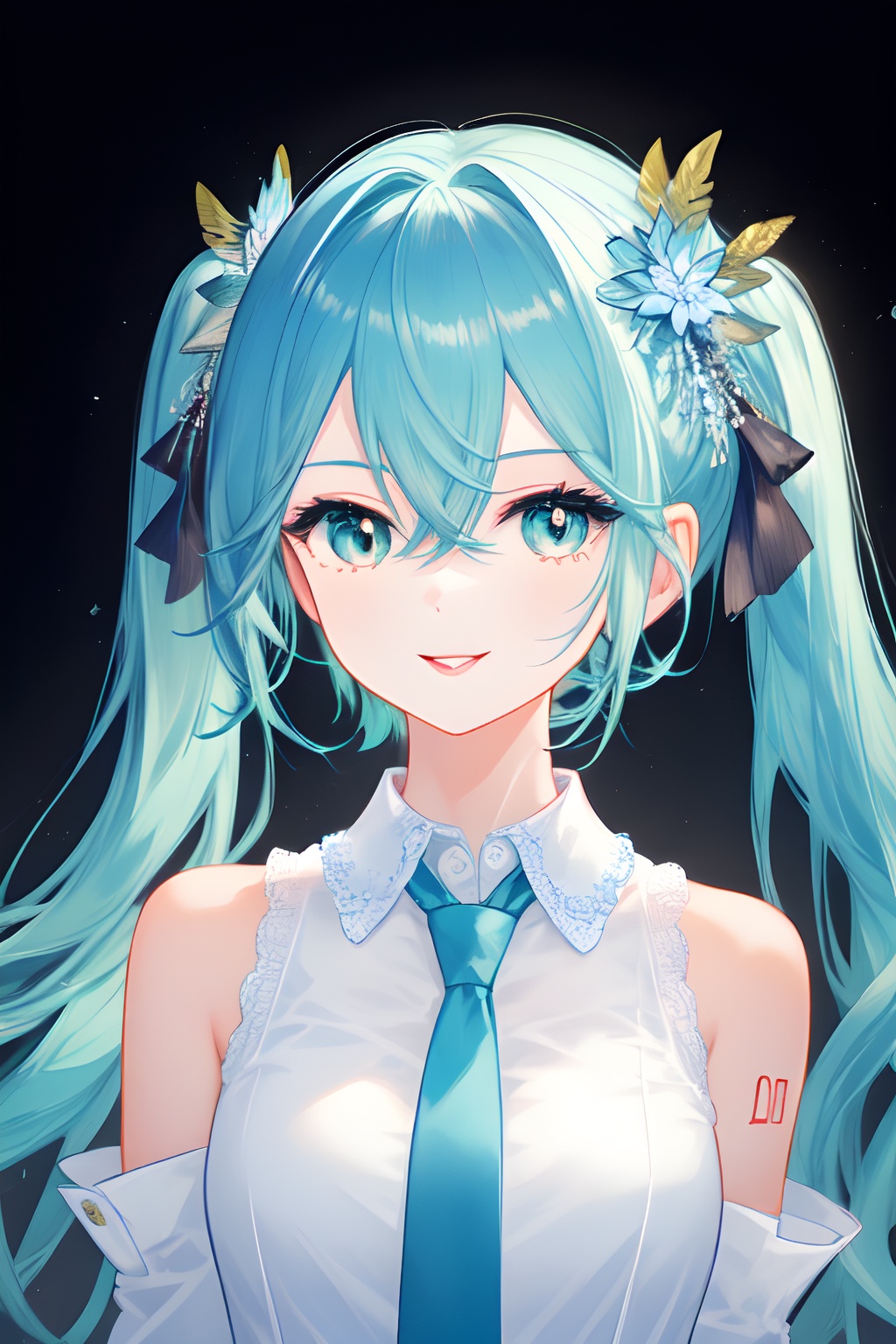  solo, 1girl, hatsune miku, black background, upper body, looking at viewer, smile, closed mouth, lips, blue eyes, hair between eyes, aqua eyes, eyelashes, long hair, aqua hair, blue hair, short hair, twintails, bangs, hair ornament, sleeveless shirt, collared shirt, grey shirt, aqua necktie, blue necktie, bare shoulders, detached sleeves