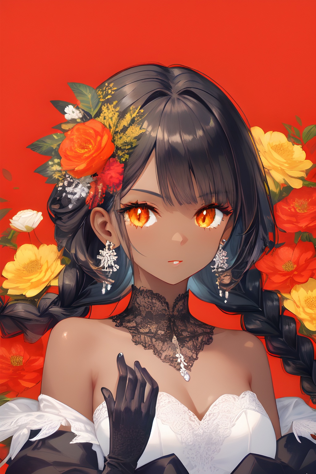 solo, 1girl, detailed, colorful, red background, upper body, looking at viewer, dark-skinned female, orange eyes, eyelashes, black hair, long hair, multi-tied hair, hair flower, multiple braids, white gloves, bare shoulders, very dark skin, earrings, yellow flower, red flower, lace trim, hand up, orange flower, leaf, strapless, orange \(fruit\), orange slice