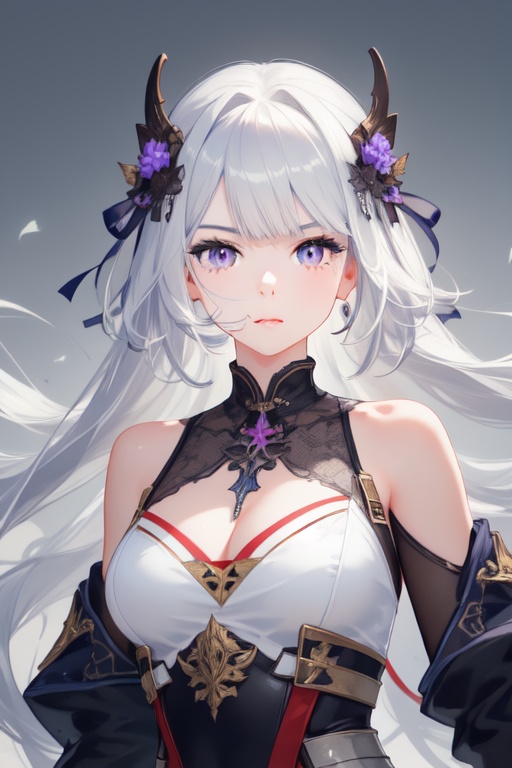 solo, 1girl, pseudo impasto, portrait, grey background, simple background, looking at viewer, covered mouth, grey eyes, purple eyes, long hair, floating hair, white hair, bangs, armor, bare shoulders, chromatic aberration, face