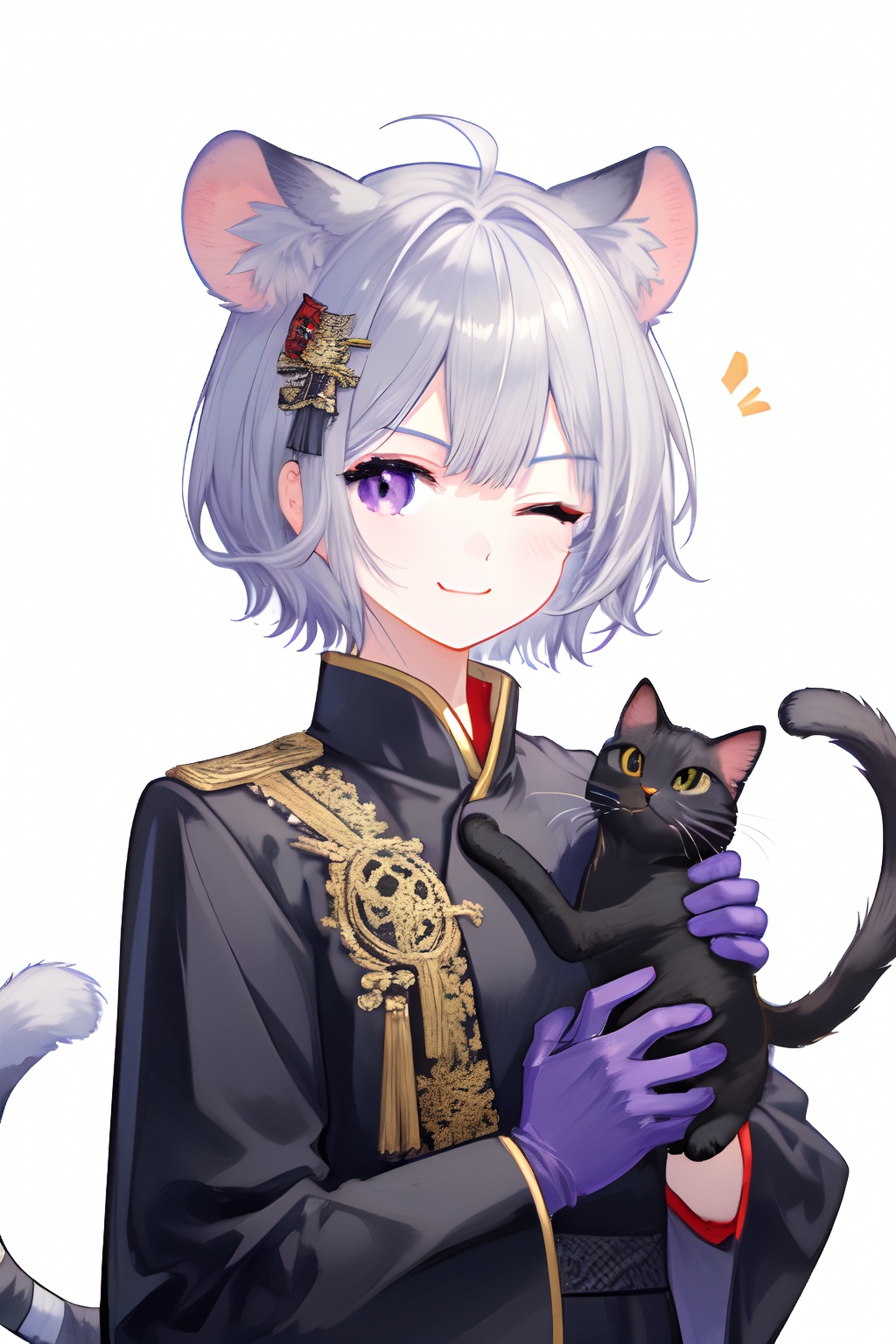 solo, 1boy, demon tail, cat boy, white background, simple background, upper body, male focus, smile, cat tail, cat ears, mouse tail, lion tail, tail ornament, tail raised, purple eyes, one eye closed, grey hair, bandages, blood, gloves, animal on shoulder, long sleeves, gakuran, black cat