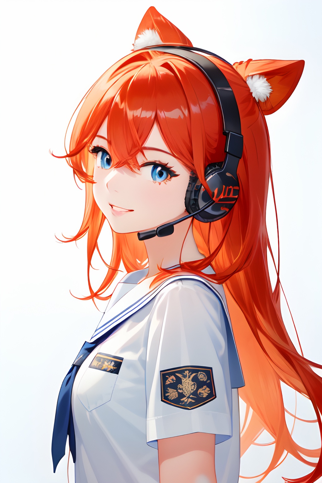 solo, 1girl, souryuu asuka langley, grey background, white background, from side, upper body, looking at viewer, smile, parted lips, blue eyes, hair between eyes, long hair, orange hair, brown hair, hair ornament, bangs, tokyo-3 middle school uniform, white shirt, short sleeves, interface headset, shadow
