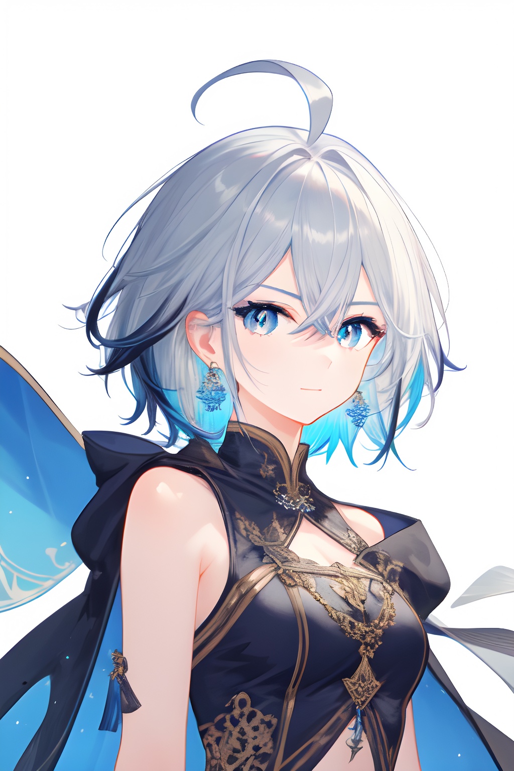 solo, 1girl, 1boy, gradient background, white background, simple background, upper body, male focus, looking at viewer, closed mouth, blue eyes, hair between eyes, eyebrows visible through hair, short hair, grey hair, multicolored hair, ahoge, bangs, cape, bare shoulders, sleeveless, earrings, genderswap