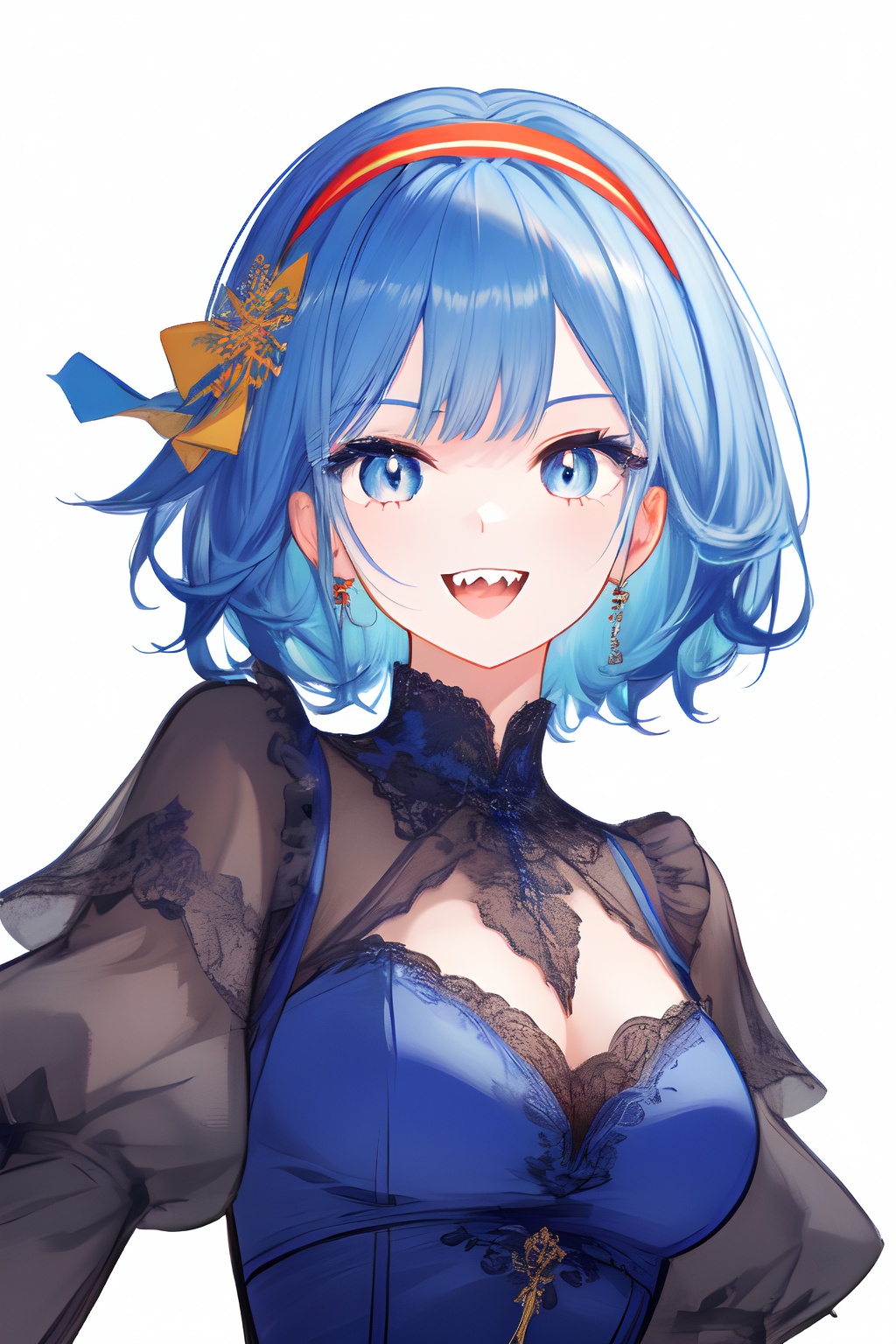solo, 1girl, flat color, white background, simple background, upper body, looking at viewer, grin, open mouth, sharp teeth, blue eyes, short hair, colored inner hair, blue hair, hairband, breasts, dress, juliet sleeves, sketch