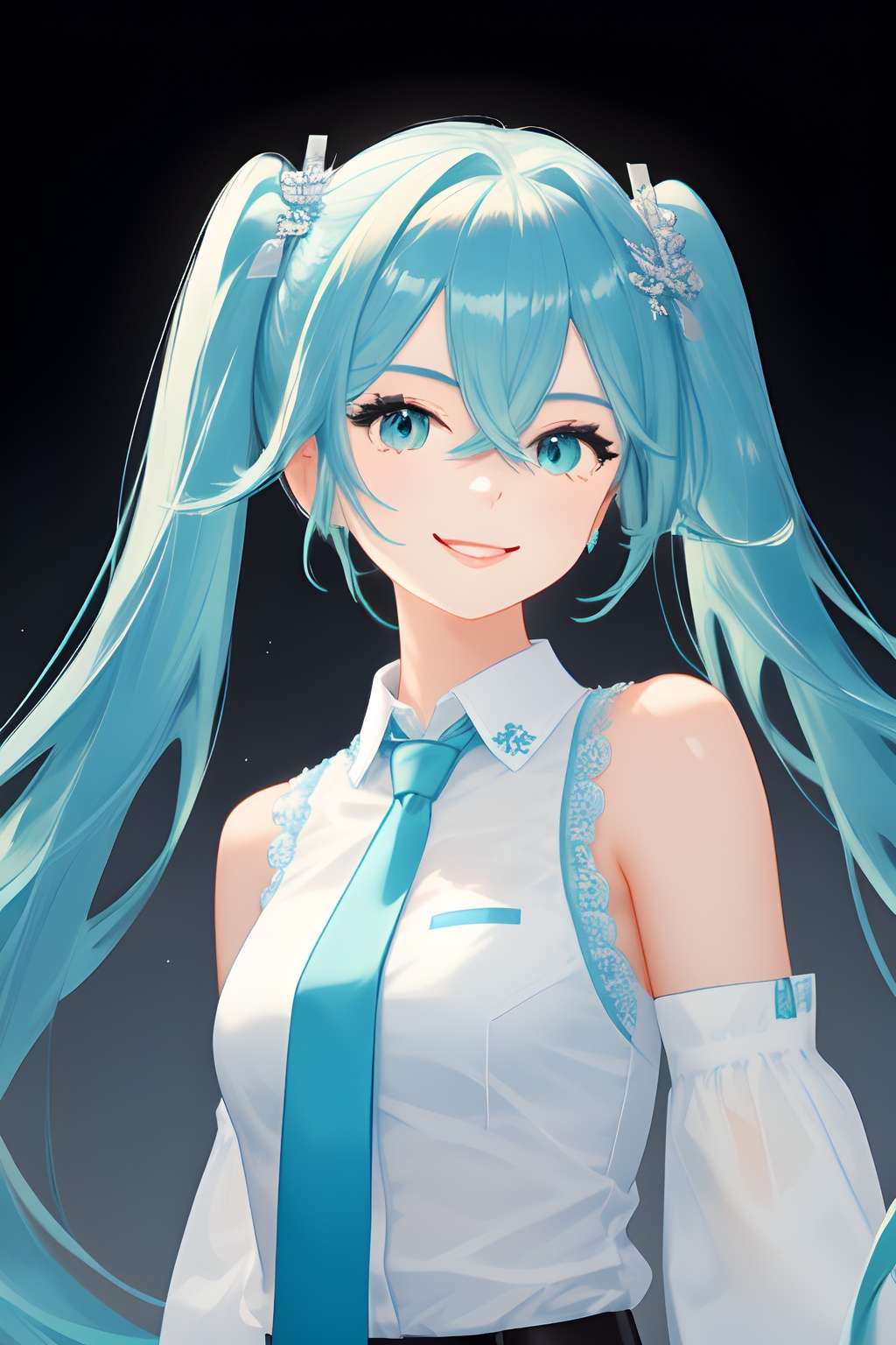 solo, 1girl, hatsune miku, black background, upper body, looking at viewer, smile, closed mouth, lips, blue eyes, hair between eyes, aqua eyes, eyelashes, long hair, aqua hair, blue hair, short hair, twintails, bangs, hair ornament, sleeveless shirt, collared shirt, grey shirt, aqua necktie, blue necktie, bare shoulders, detached sleeves