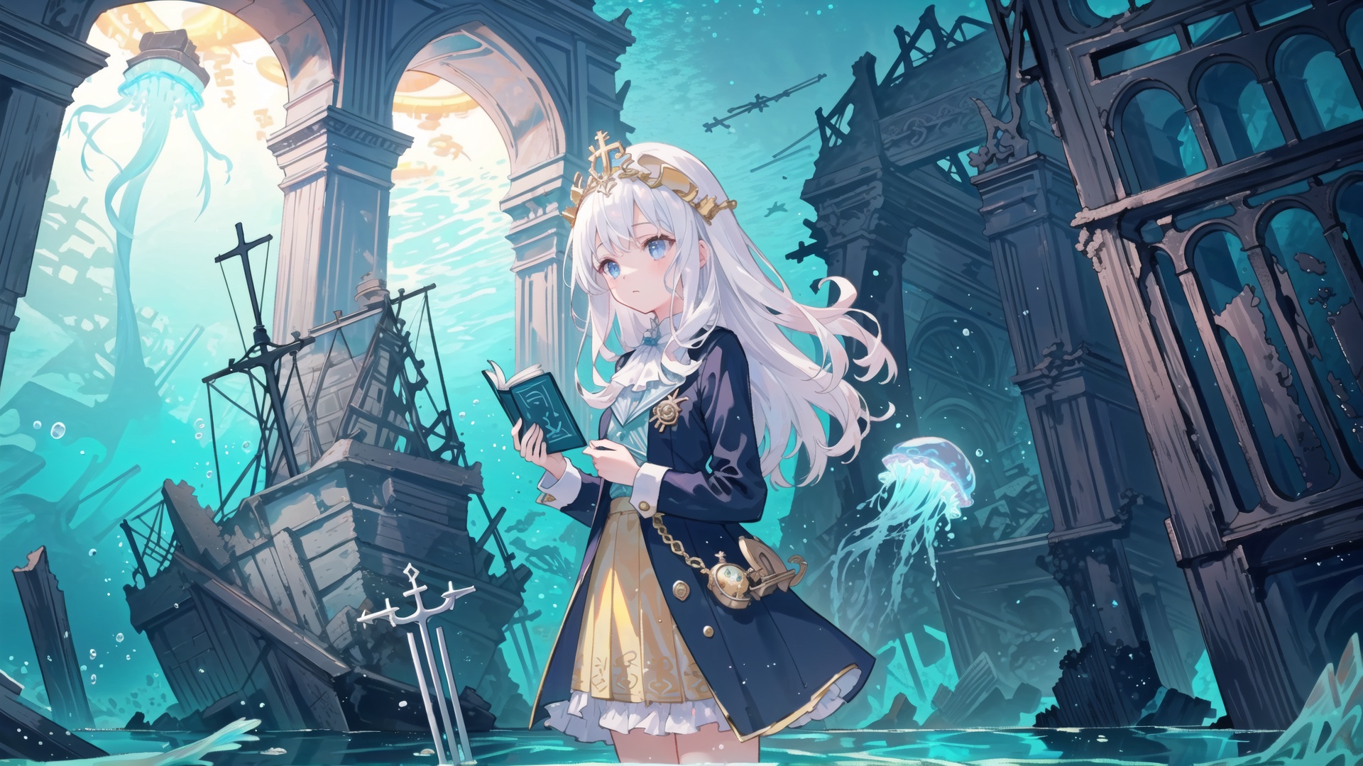 双击复制(Underwater, underwater church, jellyfish:1.25),(Highest picture quality), ((masterpiece)), (very fine CG), (detailed eye description), ((8K wallpaper), Notre-Dame de Paris, ((Holding a trident, Poseidon, underwater wreck, Shipwreck ruins underwater, underwater palace ruins)), (golden jellyfish head), long hair, slightly curled hair tail, blue eyes, white Phnom Penh Lolita, gold skirt, (detailed face description), gorgeous platinum headdress, exquisite church interior, notes, fluttering white notes, ((the girl holding a book in the hand)),(the Bible)