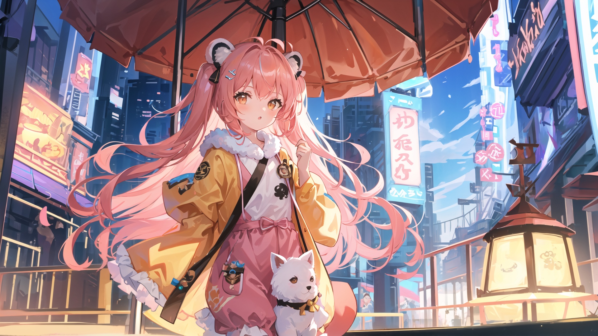  mousepad \(medium\),deep light and shadow, - theme, first-person view,
amusement park carousel ferris_wheel,a girl wearing a fluffy animal kigurumi pajamas ,
orange eyes,pink hair,
Summoner costume,
in summer,looking to the side,
masterpiece, best quality, ultra detailed,