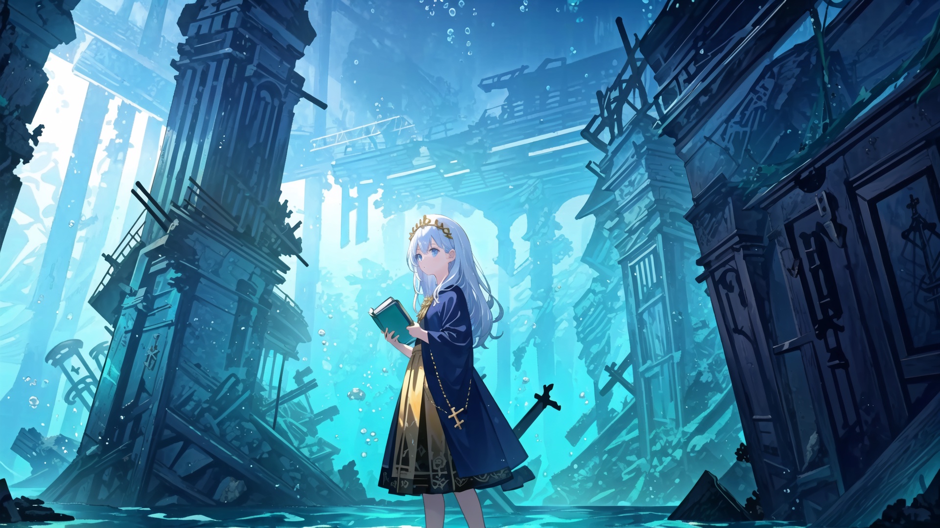 双击复制(Underwater, underwater church, jellyfish:1.25),(Highest picture quality), ((masterpiece)), (very fine CG), (detailed eye description), ((8K wallpaper), Notre-Dame de Paris, ((Holding a trident, Poseidon, underwater wreck, Shipwreck ruins underwater, underwater palace ruins)), (golden jellyfish head), long hair, slightly curled hair tail, blue eyes, white Phnom Penh Lolita, gold skirt, (detailed face description), gorgeous platinum headdress, exquisite church interior, notes, fluttering white notes, ((the girl holding a book in the hand)),(the Bible)