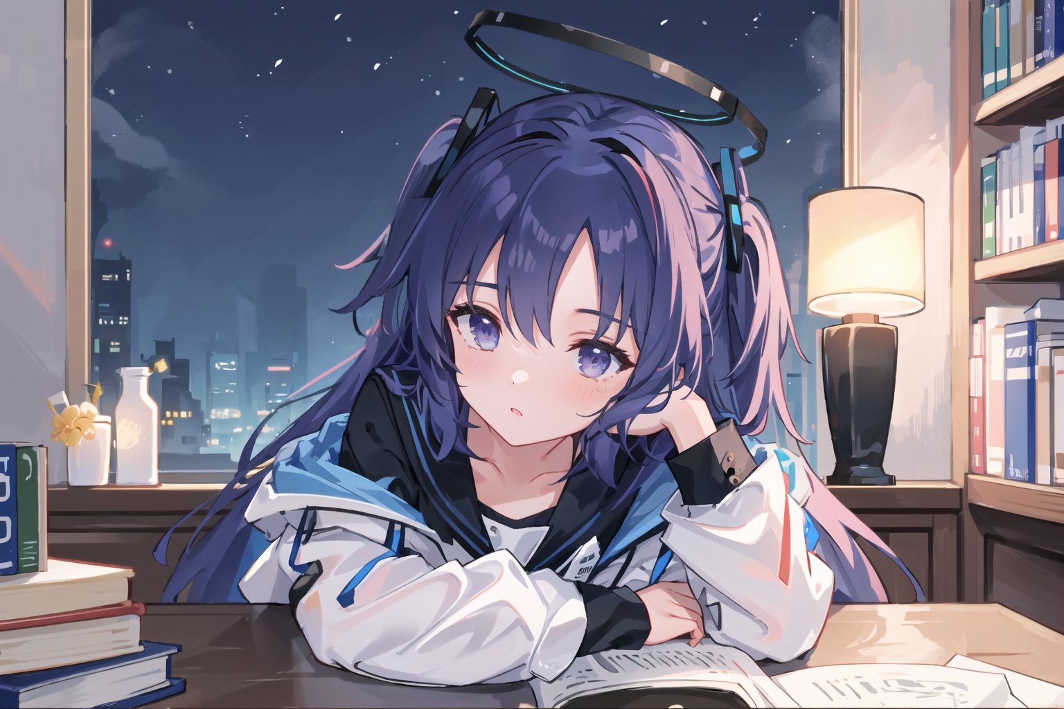  extremely detailed CG unity 8k wallpaper, masterpiece, best quality, ultra-detailed, an extremely delicate and beautiful, night, dark, dim candlelight, candle, messy study room, many books, grimoire, book stock, magic girl, sleepy, head rest, black robe, vase, finely detail,
1girl,bangs,black hair,blue eyes,blue hairband,brown cardigan,halo,white serafuku,white skirt, yuukadef