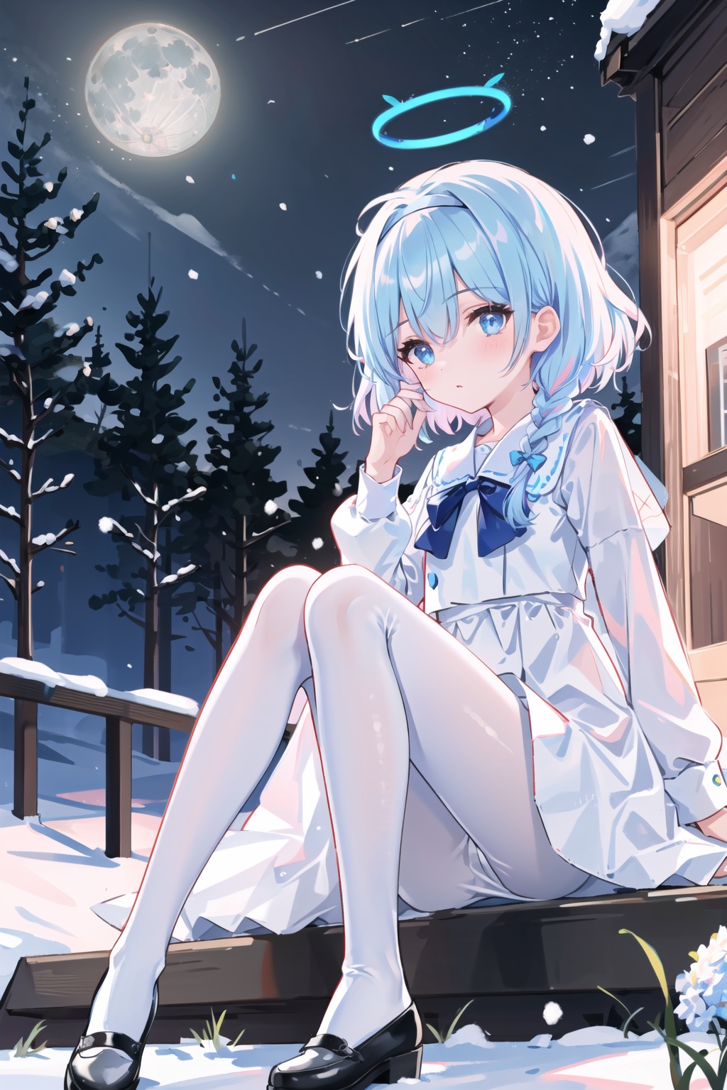  best quality,masterpiece,lighting,flowers,original,extremely detailed CG unity 8k wallpaper,an extremely delicate and.png,detailed sky,detailed face,detailed lavender eyes,very long silver hairs,wind,(1 girl),cute,snow,forest,nebula,stars,blue full moon,white transparent pantyhose,wedding dress,night,sitting,long sleeves,universe,snow field,full body,
arona,white hairband, bow hairband, halo, short hair, single braid